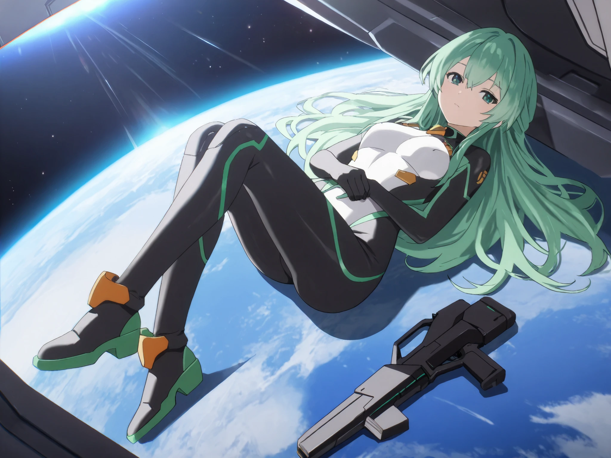 ( maximum resolution, Very Detailed , Best Quality ,precise, Masterpiece, Solo),1 woman,Long, straight hair,Green hair, highlights bright green hair,Emerald green eyes,Lying on space gundamaerial ,( Full Body Image , is anatomically correct., anime images )