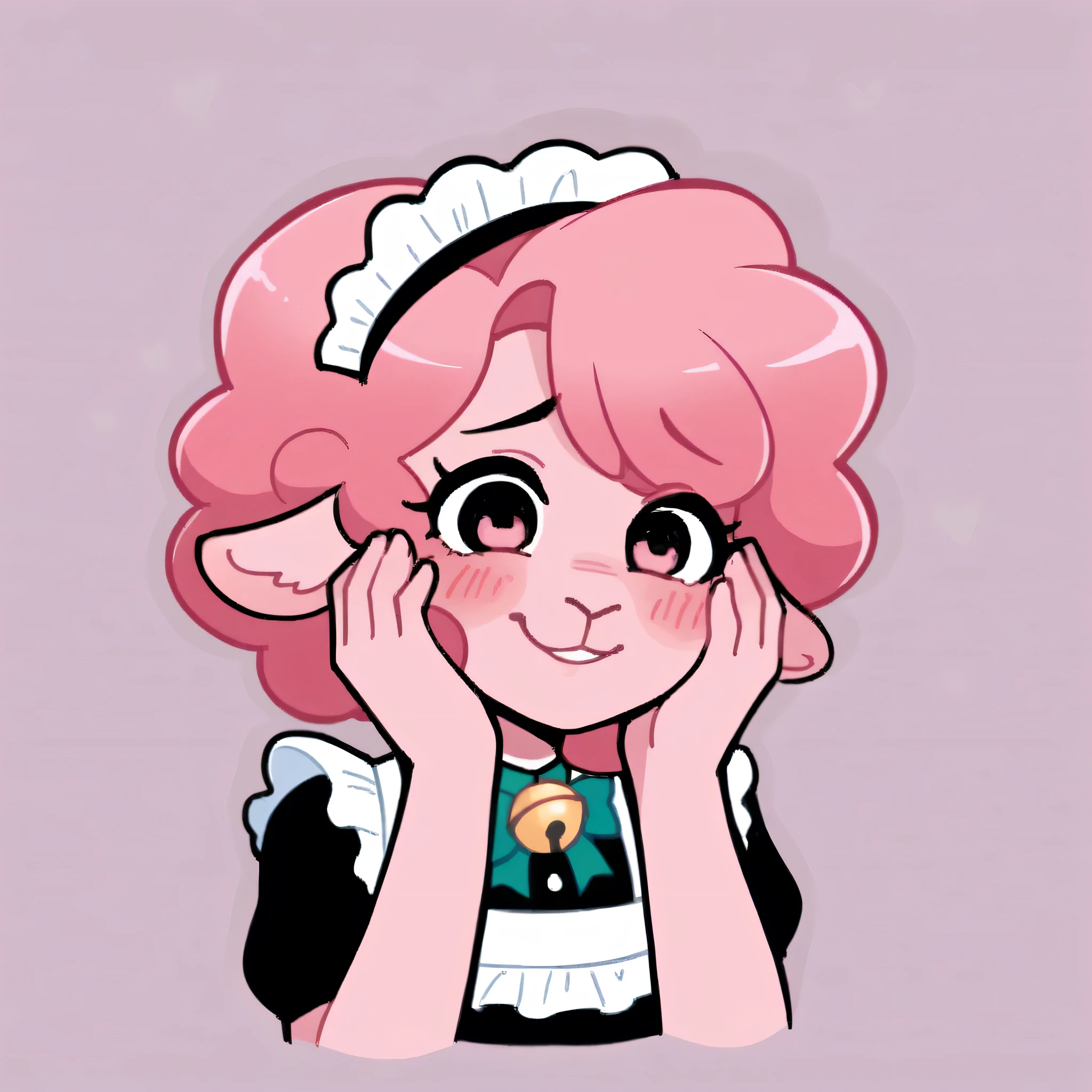better quality, very detailed illustration ( Anthropomorphic furry sheep:1,7) , femboy, ruffled voluminous bouncy hair , delgado, ideal body, simple drawing, Artifyber style , pastel flat colors , beautiful, cartoon ,solo,baker, short curly pink hair, maid clothes, frilly apron, a smile, fluffy curly tail, sheep ears, bell collar, ram horns, blushing, embarrassed, shy, hands on face