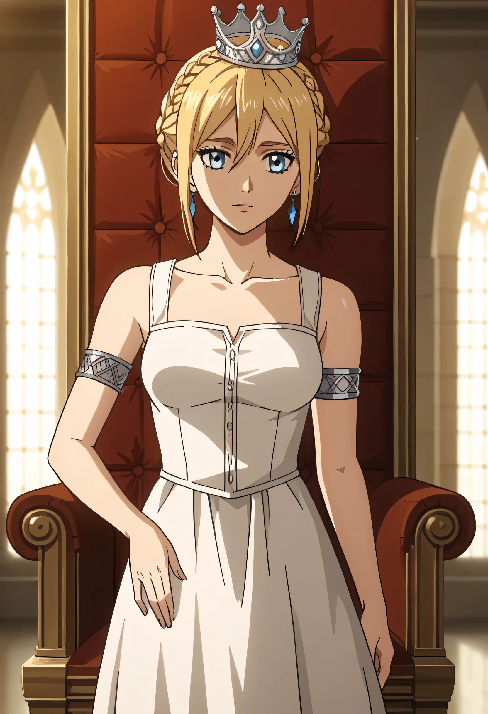 score_9, score_8_up, score_7_up, source_anime, best quality, high resolution, masterpiece, absurdres,vector trace,anime screencap, key art style, cinematic lighting, morning, 1girl, solo, medieval, taint glass, historia reiss,blue eyes, blonde hair, medium breasts, sleeveless, collarbone, armlet, bare shoulders, long white royal tunic, throne room, formal, standing, historiaReiss, christa renz, , crown braid, ears, short hair, crown braid, earrings,