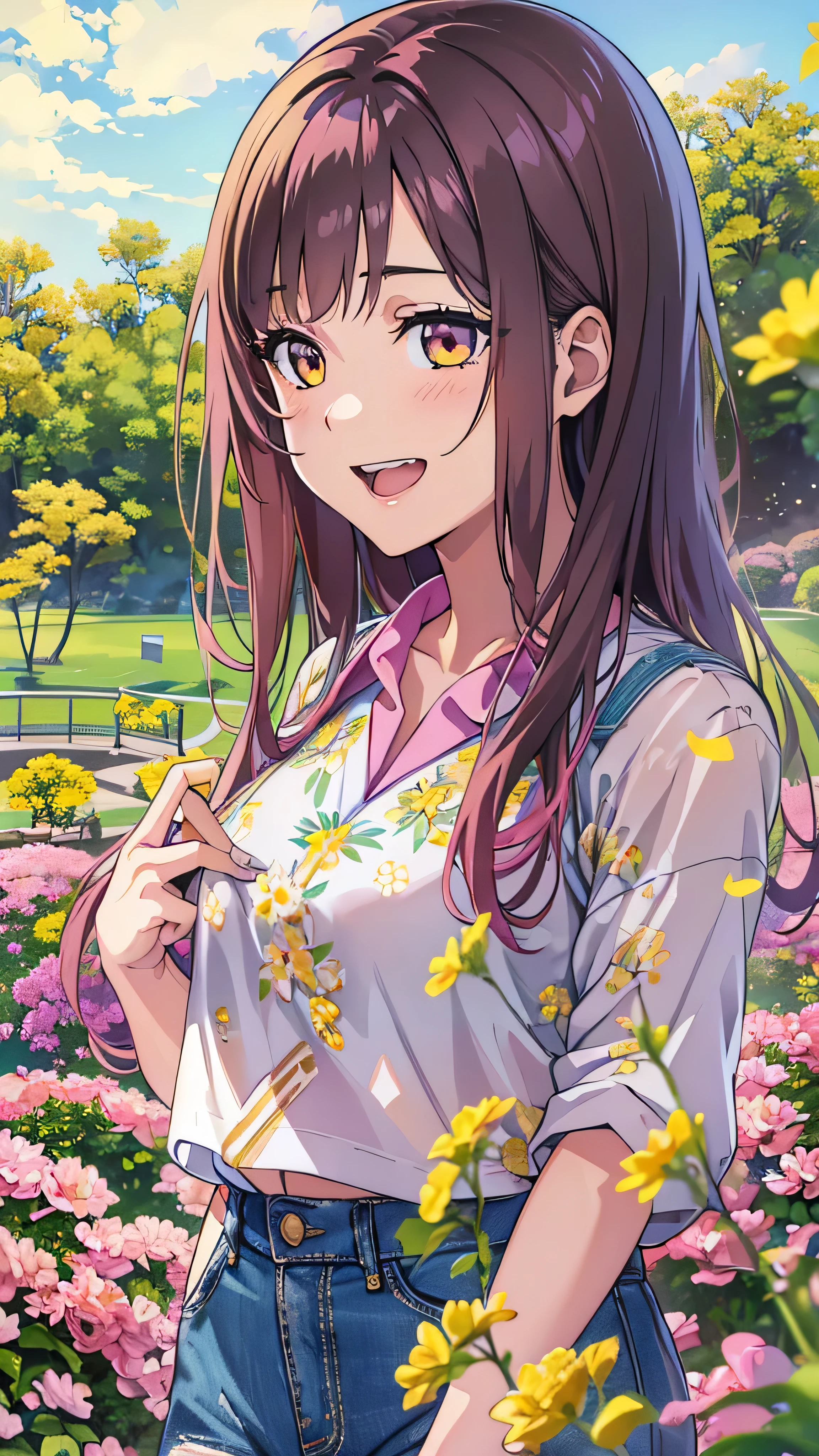8k resolution, surreal, very detailed, High Quality , perfect anatomy, ( girl : 1.1), girl 1名, Beautiful Japanese Women,18 years old, , detailed face, long hair, ( Face Details ),(Full body high definition image), ( pink shirt and denim ), ( cameltoe), cute smile, Japanese idol face, ,(((A park on a hill where you can see the beautiful sea with yellow flowers passing through the sky)))