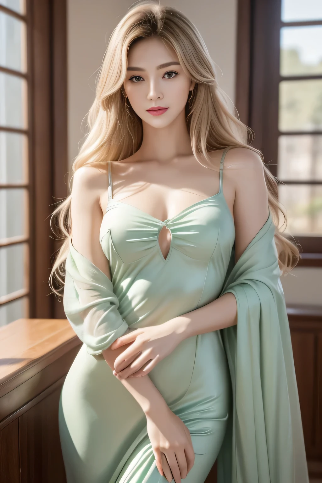 1 teenage girl. Beautiful teenage girl. 15 years old. Beautiful teenage princess. Blonde hair. Green emerald crown. Bracelet. Green sexy suit no pants. Flat chest. Beautiful teen face. Standing pose. Smile. Green coloured castle