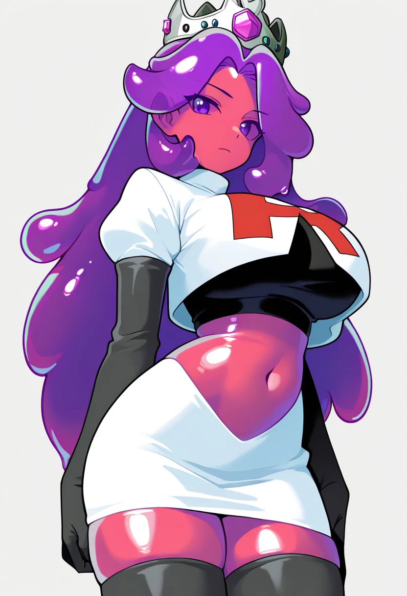 score_9, score_8_up, score_7_up, score_6_up, score_5_up, score_4_up, BREAK 1girl, light green tentacle hair, dark skin, thick lips, long eyelashes, stern expression, standing, blunt bangs, adult, BREAK solo, large breasts, adult, skinny, arched back, thigh gap, wearing nurse outfit, BREAK (office background:1.2), simple background, innocent, lovely, adorable, dynamic pose