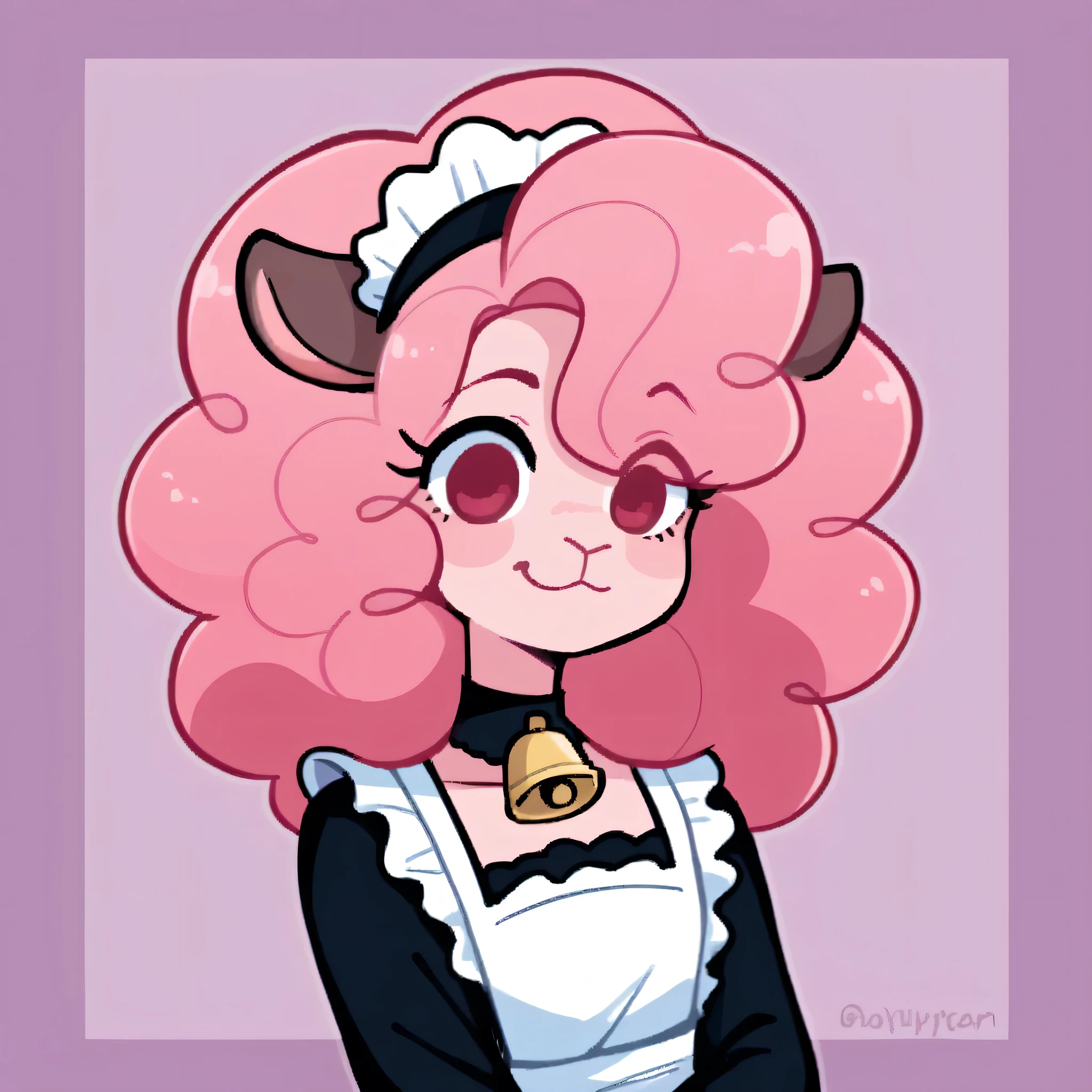better quality, very detailed illustration ( Anthropomorphic furry sheep:1,7) , femboy, ruffled voluminous bouncy hair , delgado, ideal body, simple drawing, Artifyber style , pastel flat colors , beautiful, cartoon ,solo,baker, short curly pink hair, maid clothes, frilly apron, a smile, fluffy curly tail, sheep ears, bell collar, ram horns, arms crossed, angry