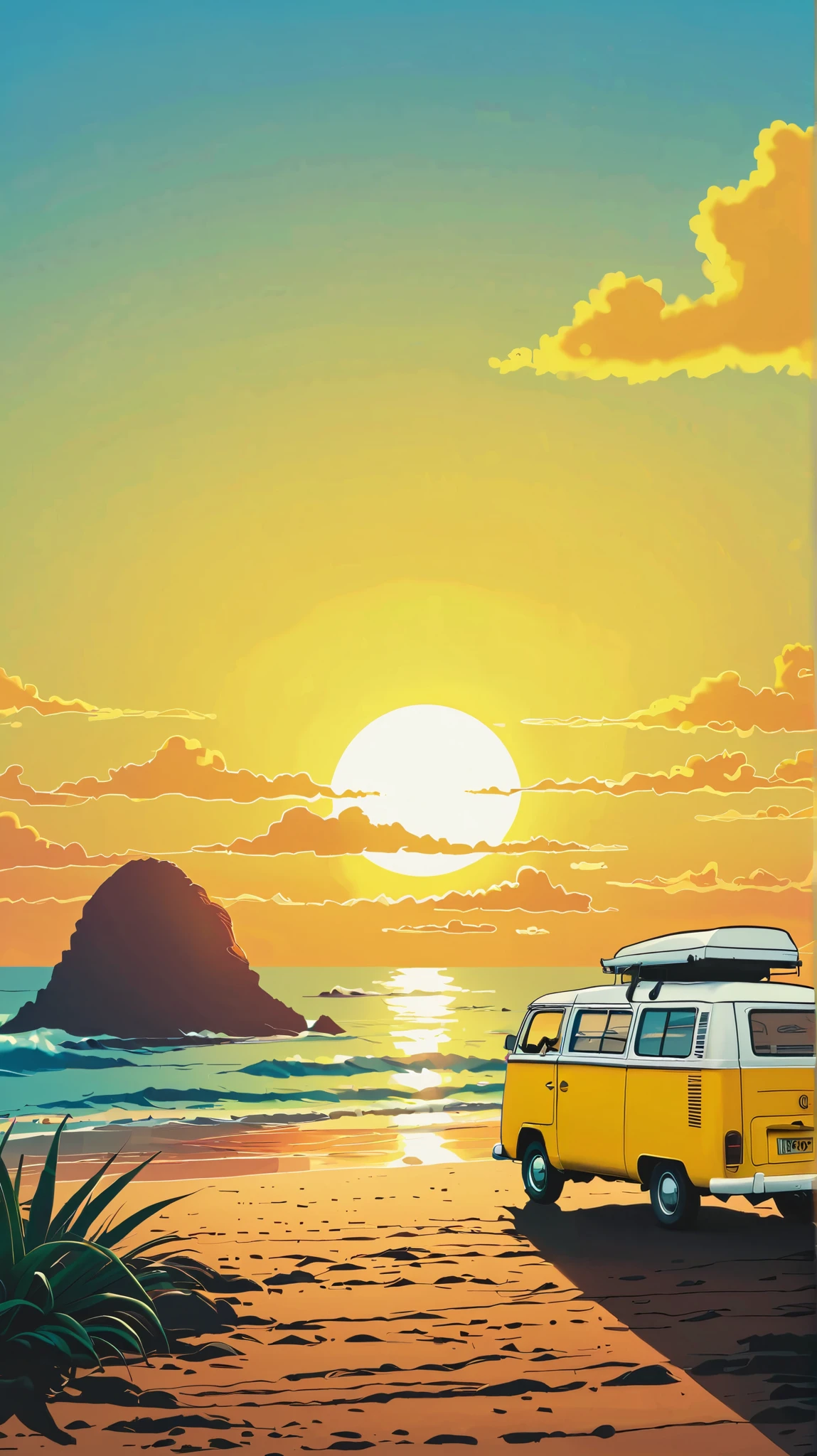 (   minimalism :1.4),  Simple Tintin Style Art :  Minivan Camp , sunset, cloud ,  Yellow Van ,  Studio Ghibriato, Miyazaki ,  , Makoto Shinkai!!,    Anime Movie Background Top Quality Best of Sea Art HD 