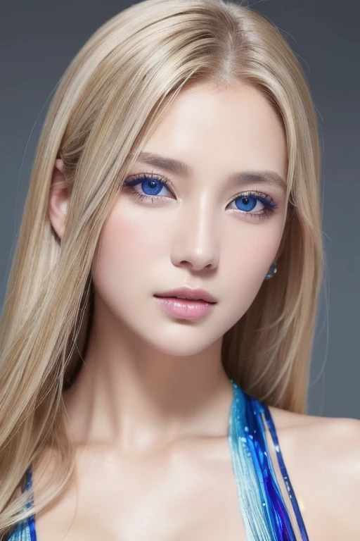 In the captivating portrait of the enchanting 18-year-old woman, you'll notice every detail of her flawless beauty: perfect porcelain skin, long golden locks, pink lip, wear ligh green dress and eyes that sparkle like blue ocean. Her elegant figure, illuminated by soft, ethereal light, draws attention to her delicate features and captivating presence. And at the same time, you'll notice a special charm - a small dimple on her chin, adding even more character to this captivating personality. Her gray-blue eyes, striking on a hot summer day, attract attention and enchant with their depth.