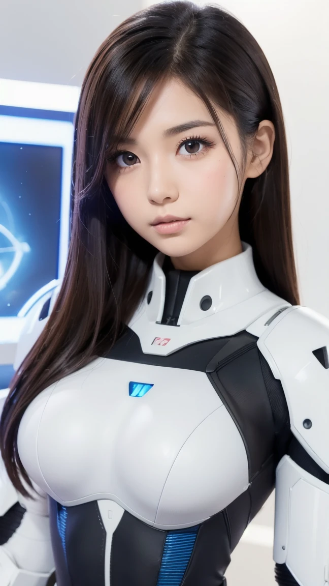 A close-up head and chest portrait of a pretty and cute woman, her chest adorned with pneumatic tubes that give her a unique and futuristic appearance. The highly detailed digital rendering captures every aspect of her beauty, from her delicate features to the intricate tubes.