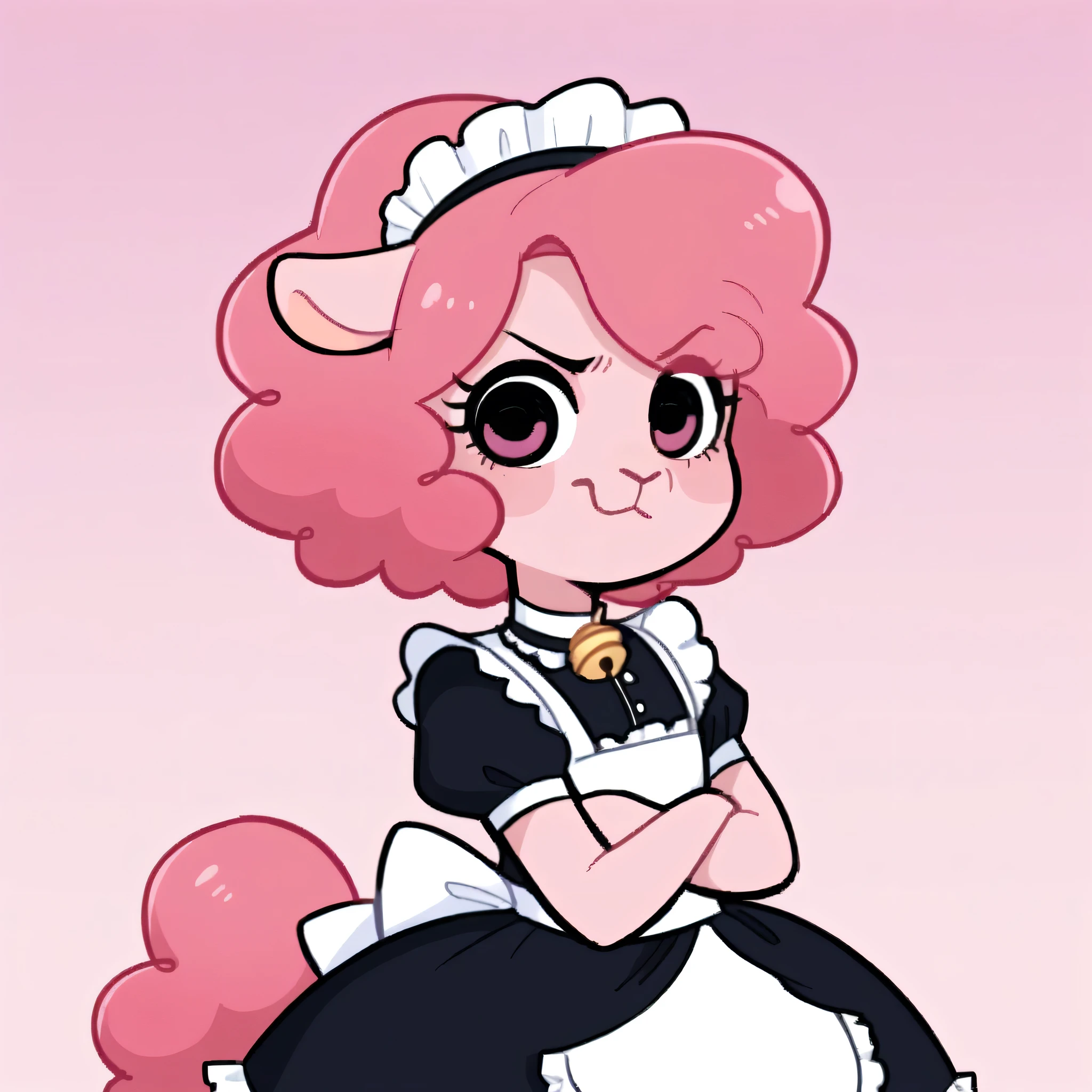 better quality, very detailed illustration ( Anthropomorphic furry sheep:1,7) , femboy, ruffled voluminous bouncy hair , delgado, ideal body, simple drawing, Artifyber style , pastel flat colors , beautiful, cartoon ,solo,baker, short curly pink hair, maid clothes, frilly apron, a smile, fluffy curly tail, sheep ears, bell collar, ram horns, arms crossed, angry frown