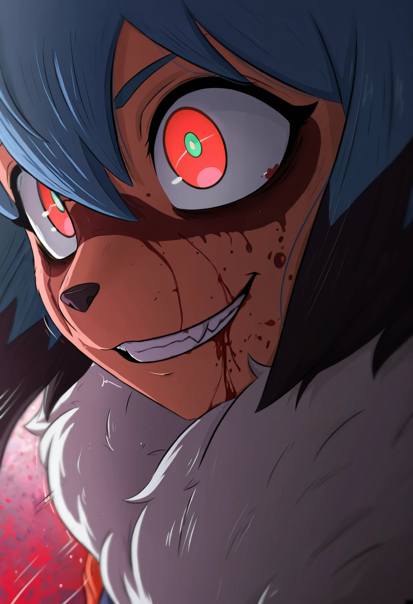masterpiece, best quality, amazing quality, very aesthetic, high resolution, ultra-detailed, absurdres, newest, furry, FURRY, body fur, Michiru Kagemori from brand new animal, Face close up, psycho, evil smile, blood on face, abstract background, blood painting, blood background, female, solo, motion lines, pure chaos, amazing wallpaper, greatm8 style, BREAK, detailed fluffy fur, depth of field, masterpiece, best quality, amazing quality, very aesthetic, high resolution, ultra-detailed, absurdres, newest,