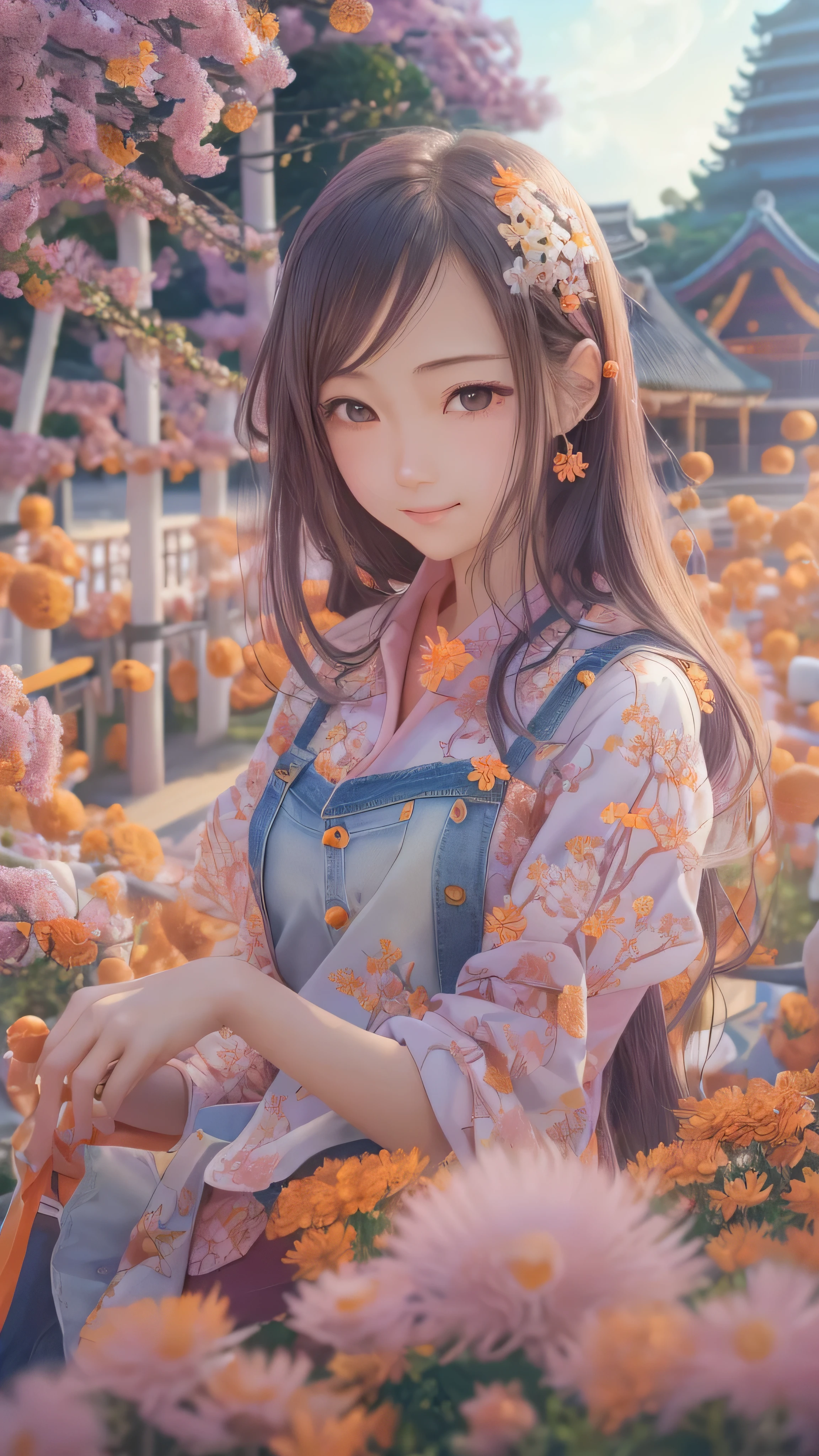 8k resolution, surreal, very detailed, High Quality , perfect anatomy, ( girl : 1.1), girl 1名, Beautiful Japanese Women,18 years old, , detailed face, long hair, ( Face Details ),(Full body high definition image), ( pink shirt and denim ), ( cameltoe), cute smile, Japanese idol face, ,(((A seaside park with beautiful orange flowers passing through the sky)))