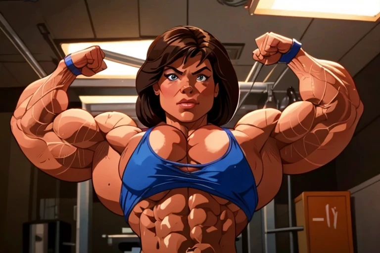 huge mom woman with muscles sings angry on stage