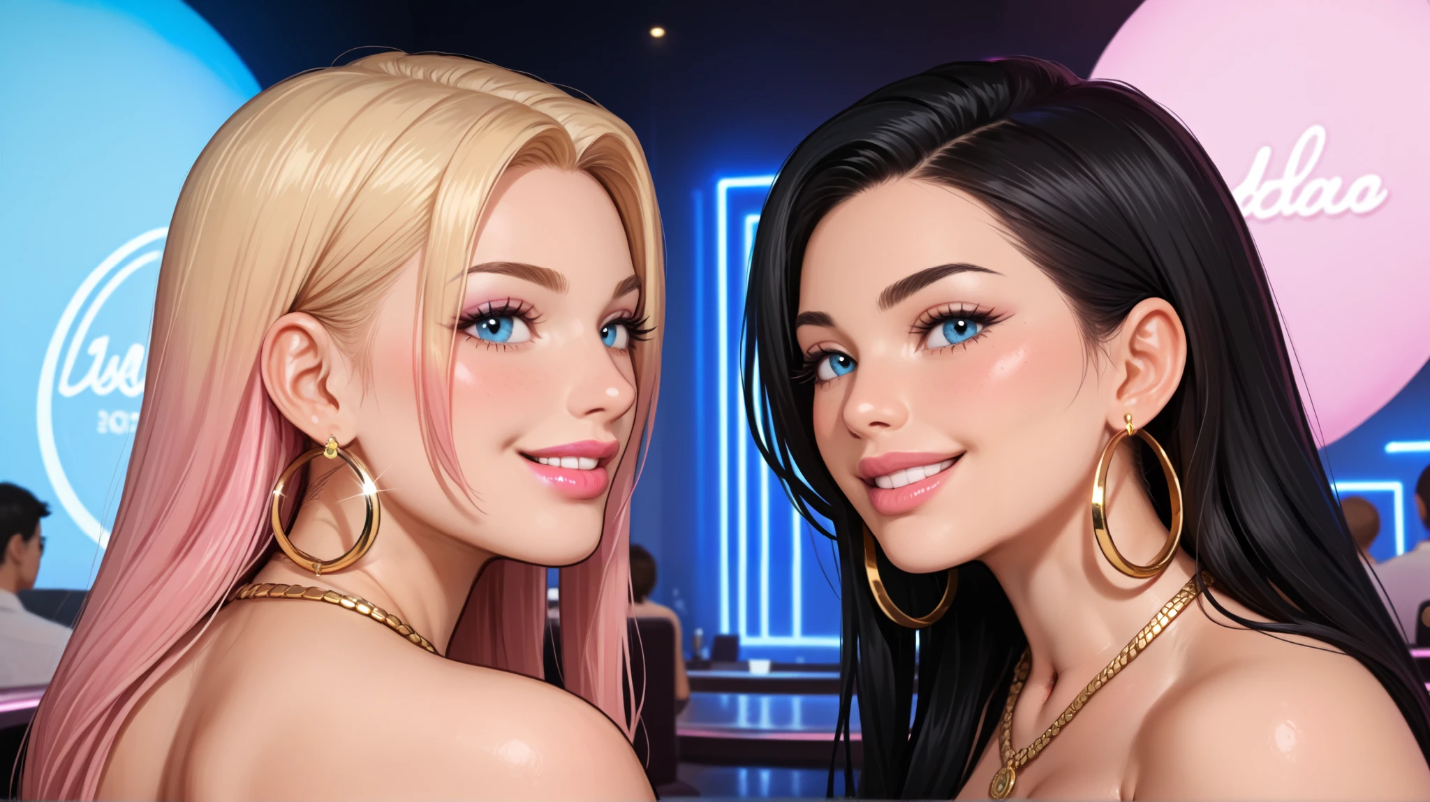 Create a very beautiful woman , in a nightclub, in a sexy pose , with long black hair, smiling with an expression of pleasure , with a sculptural body, big breasts and huge buttocks , blue eyes and pink lipstick your lips , with makeup on his face , some short skirts and a small pink top, wearing a gold necklace, gold hoop earrings, ( rear image focusing on the body, but also focusing on the face ). ( ultra quality 16k ). ( realistic photo ). ( realistic photo ). Close-up Extremo (Extreme Close-up) " harmonious color palette , Soft Gradients , bright but balanced colors " realistic proportions , symmetrical features , well-defined hands and fingers , perfect body alignment , soft and natural textures ." " high definition , Cinematographic details , balanced composition ."