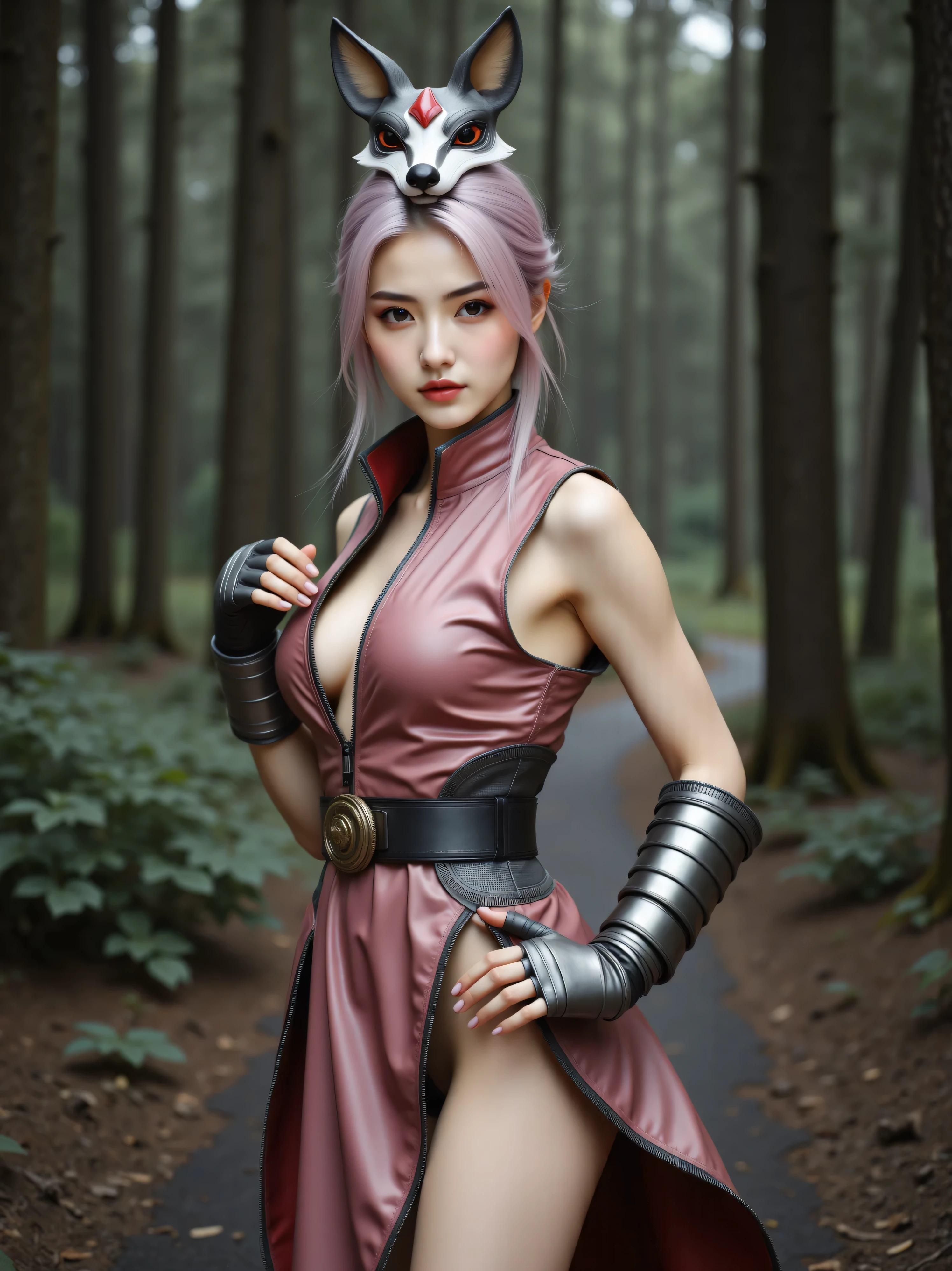 Beautiful Small Faced Chinese Girl Face, Wearing red and white fox mask on face, Metallic Silver Shoulder Armour , Two Hands as Metallic Silver Warrior Armor, Finger Fist Suit