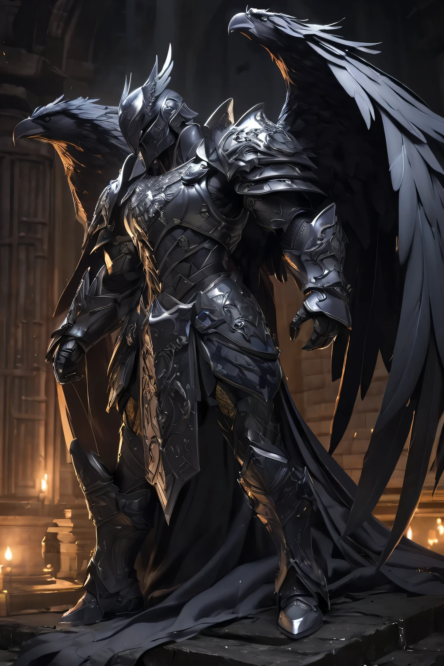 High resolution, masterpiece , Anatomically Correct , The best quality, Detail, Details altos, HD model, high quality, quality, muy detallado, a full-body warrior carrying shiny armor like obsidian , silver decorations , inspired by a raven , on his back carries two large obsidian wings , in an imposing posture , stands in a tower at night and the moonlight shines the armor