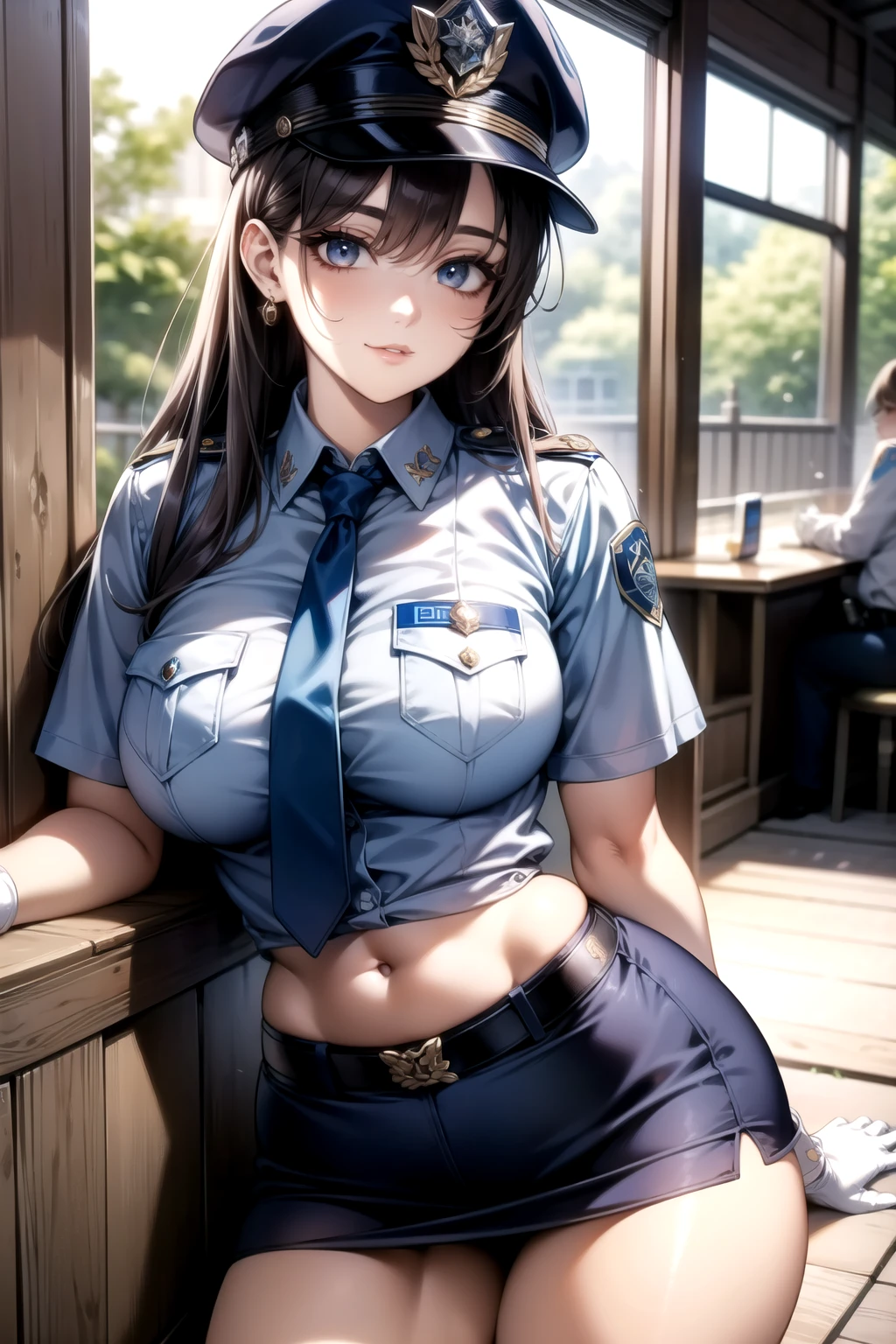 (((  dynamic image)))、(( impactful image ))、((( Best quality face)))、Masterpiece、  high resolution、8k highest quality、  Realistic Details  、 Female 1 person 、  long dark hair、  silky hair、Brown piercing eyes、  charming eyes、police officer、police officerの制服を着用、日本の女性police officerの制服、 light blue short shirt 、 lower breasts visible 、 no bra 、 belly button sticking out of the butt 、 navy blue tie 、  low-rise miniskirt 、 no panties、belt、white gloves、  police hat、handcuffsを掛ける、Pistol、Parking violations being enforced、mini police car 、 big, well-shaped breasts 、Shapely big ass、Nipples Best Quality、  police hat、handcuffs
