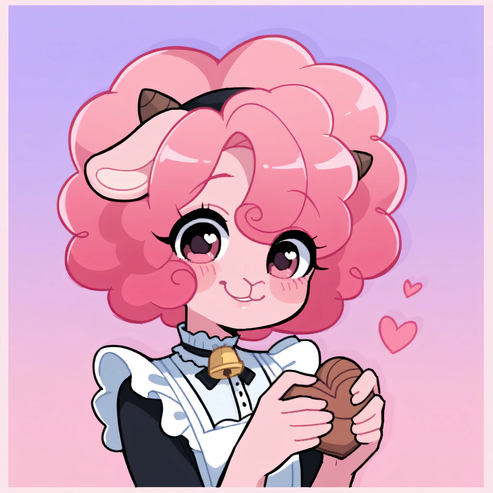 better quality, very detailed illustration ( Anthropomorphic furry sheep:1,7) , femboy, ruffled voluminous bouncy hair , delgado, ideal body, simple drawing, Artifyber style , pastel flat colors , beautiful, cartoon ,solo,baker, short curly pink hair, maid clothes, frilly apron, a smile, fluffy curly tail, sheep ears, bell collar, ram horns, blushing, in love, holding a heart