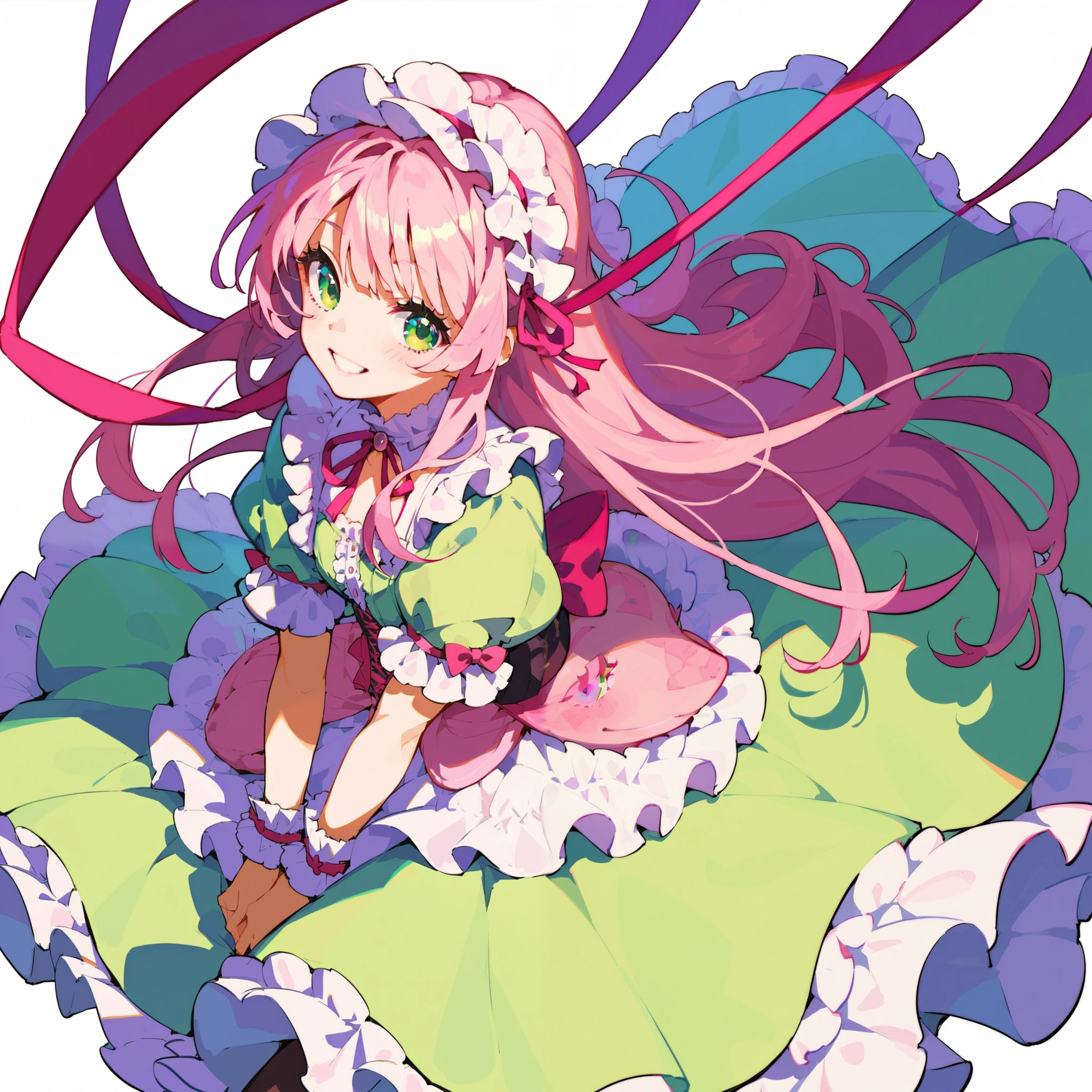 1 Girl, green eyes , pink super long hair,Smile,The doll is average ,Lolita long dress, white background