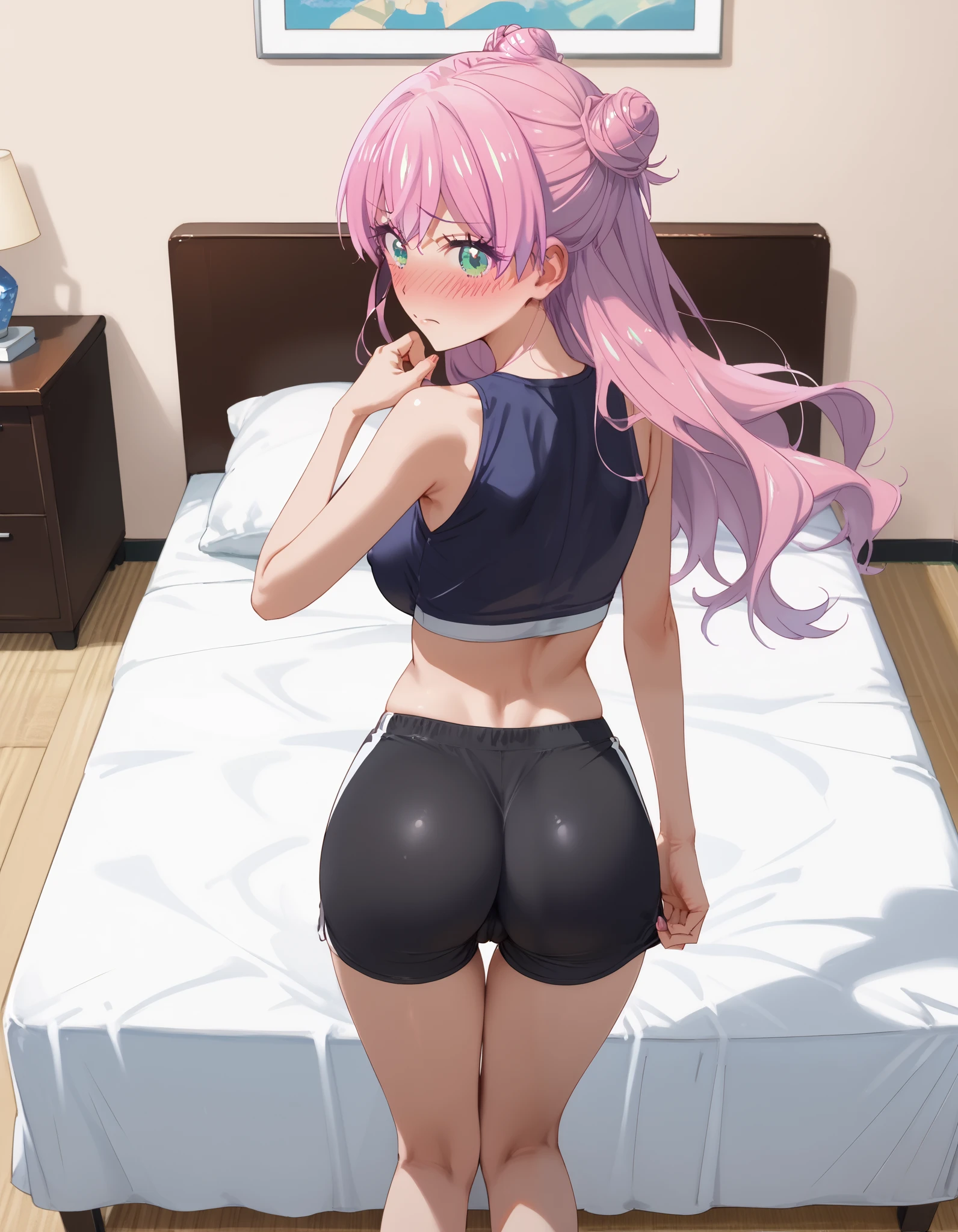 AkariWatanabe, akari, green eyes, pink hair, long hair, (cone hair bun:1.5), bangs, photorealistic, detailed coloring, anime style, detailed high quality, ultra detailed quality skin, detailed ray tracing lighting, masterpiece、 best quality、masterpiece, high definition , 8K quality, perfect face, 1 girl, beautiful face, beautiful detailed eyes, Alone, (very cute face), スレンダー、引き締まったウエスト、美しい顔, (embarrassed, nose blush, full body, looking back, back shot, from above:1.2), red cheek, huge breasts, large butt, looking at viewer, hair slicked back, collarbone, Staring at the viewer, (crop top, sport shorts, black clothes, covered nipples, ass focus, cameltoe), ass line, dynamic angle, sexy pose, sensual expression, sensual pose, (white bed room, white room),