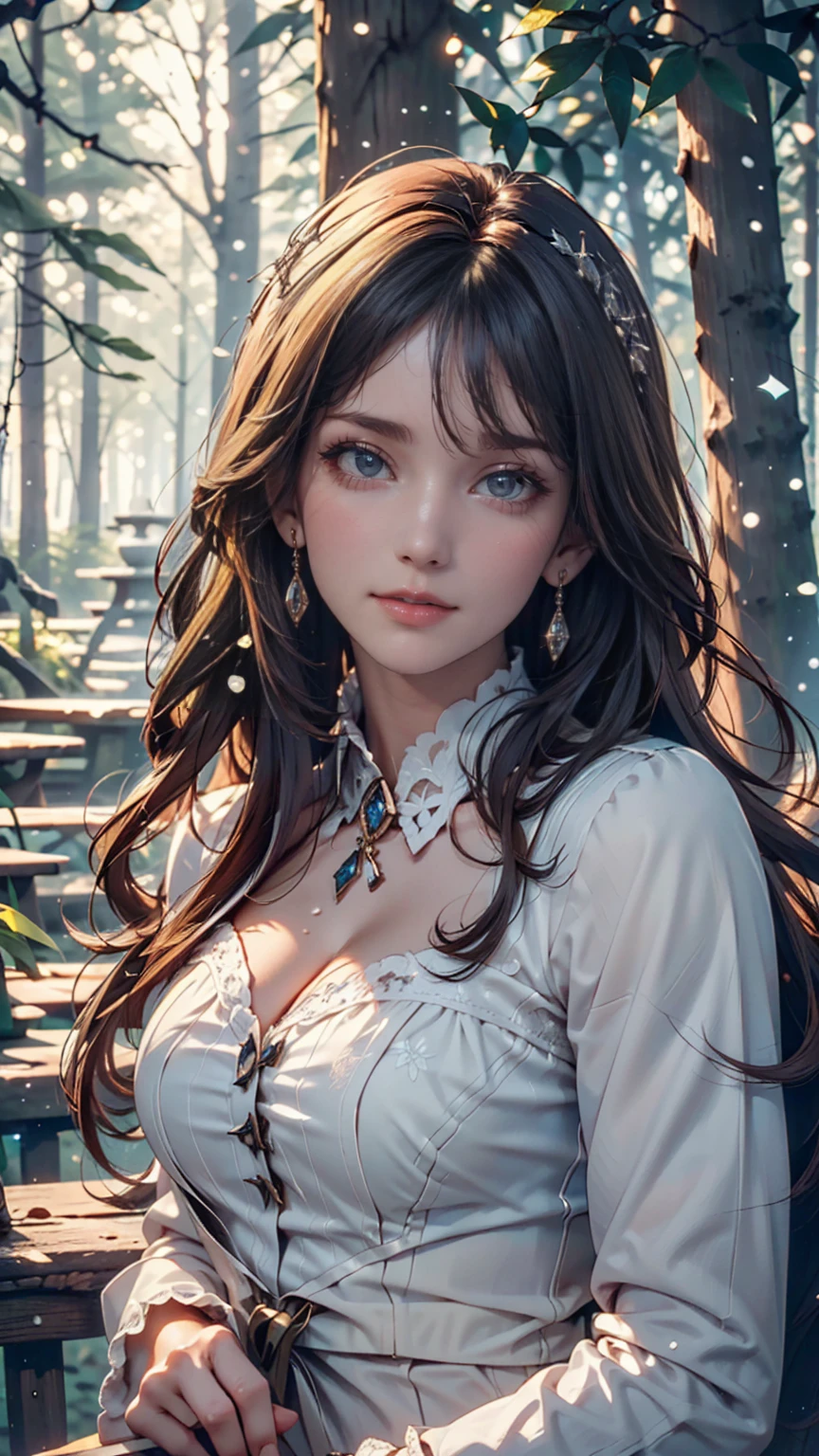 masterpiece, 1 Fairy, Flying fairy girl, Perfect Face, Light, Glass Tree Forest, Dramatic lighting, Blindfold, Super detailed, floating glow Lights, Depth of written boundary, (Shining Dust)