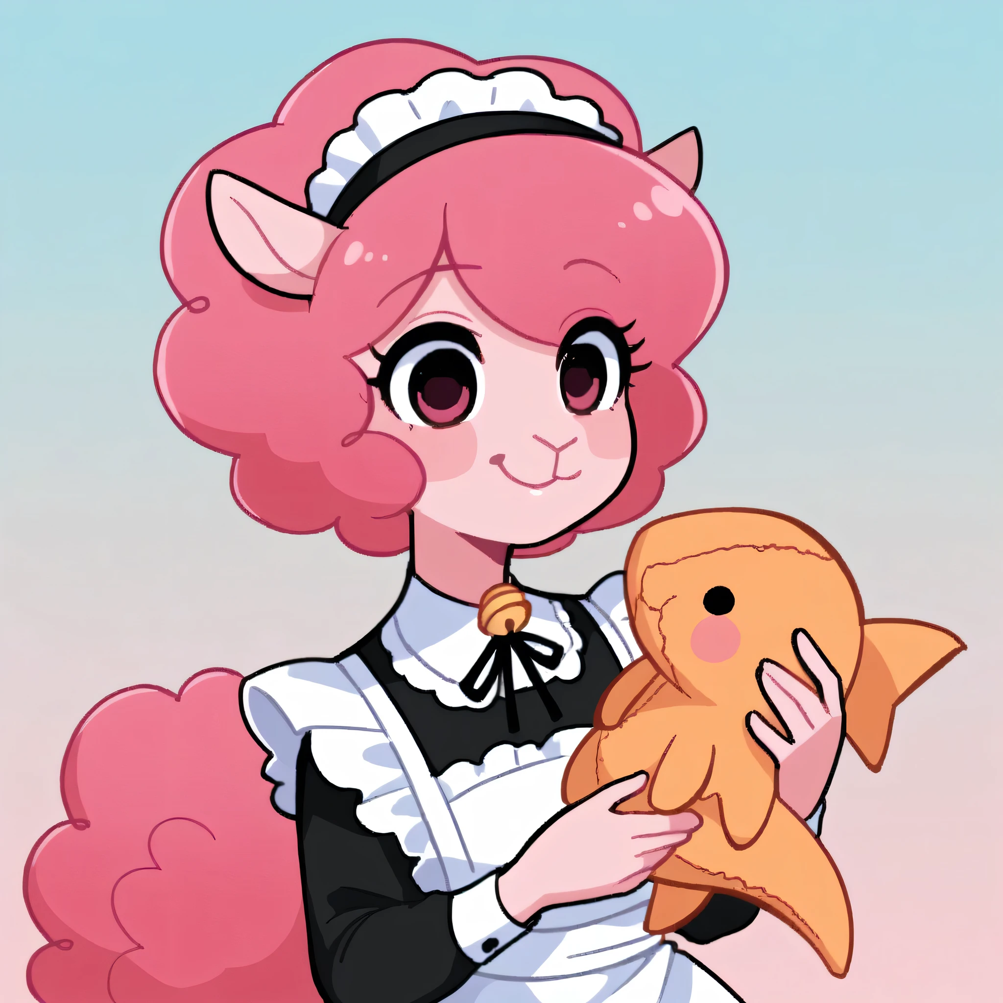 better quality, very detailed illustration ( Anthropomorphic furry sheep:1,7) , femboy, ruffled voluminous bouncy hair , delgado, ideal body, simple drawing, Artifyber style , pastel flat colors , beautiful, cartoon ,solo,baker, short curly pink hair, maid clothes, frilly apron, a smile, fluffy curly tail, sheep ears, bell collar, ram horns, cute, holding shark plushie
