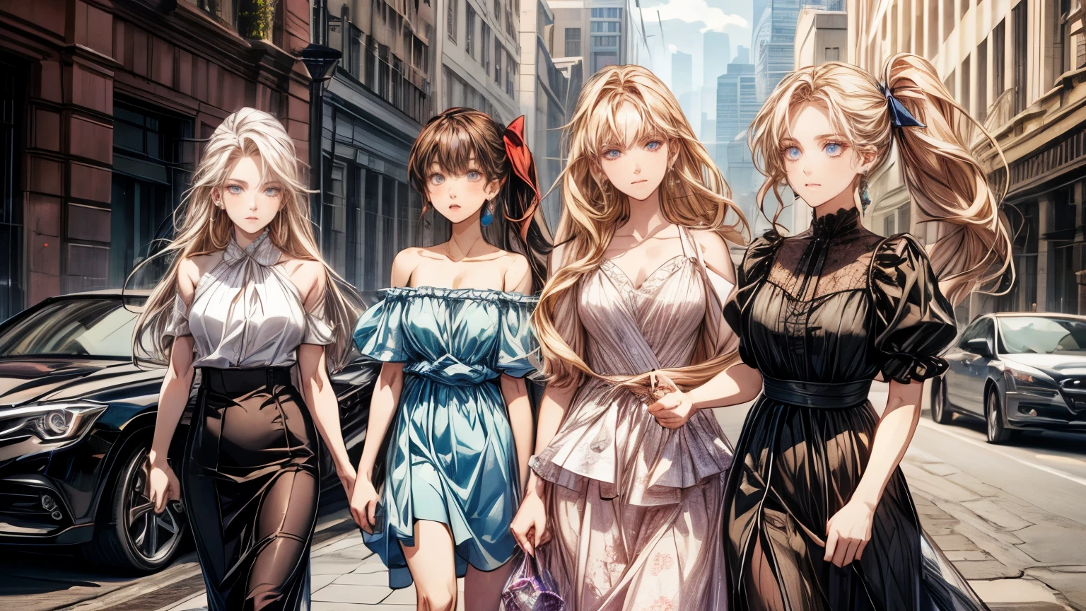 Six beautiful women's (Bhind them six cars parked) they are walking towards to viewer.Long Hair, Brown Hair,Blonde Hair, Ribbon, Red Eyes, Blue Hair, Purple Eyes, Hair Ribbon, Yellow Eyes, Ponytail, Earrings, Breasts, Looking at viewer, White Hair, Red Hair, 