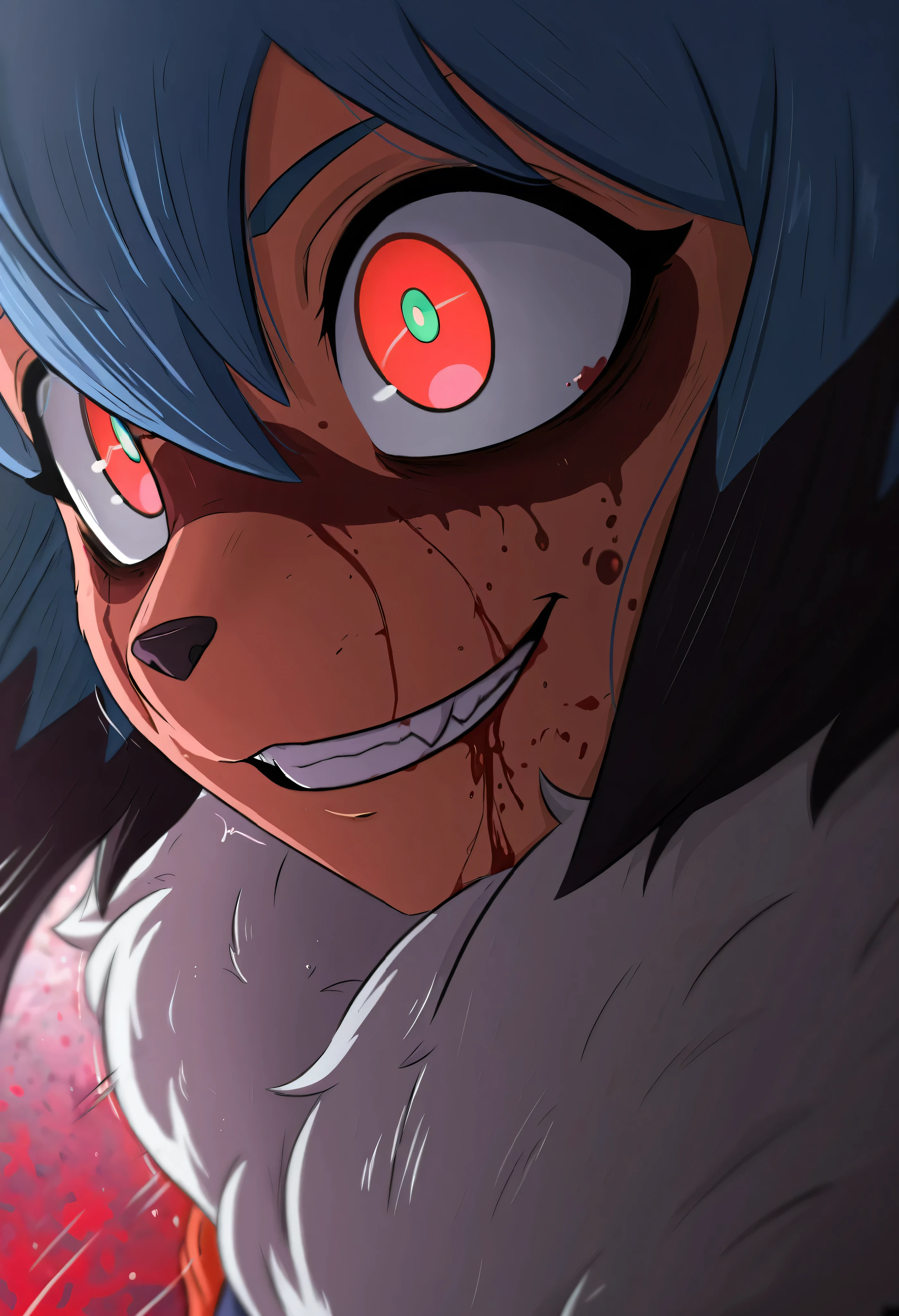 masterpiece, best quality, amazing quality, very aesthetic, high resolution, ultra-detailed, absurdres, newest, furry, FURRY, body fur, Michiru Kagemori from brand new animal, Face close up, psycho, evil smile, blood on face, abstract background, blood painting, blood background, female, solo, motion lines, pure chaos, amazing wallpaper, greatm8 style, BREAK, detailed fluffy fur, depth of field, masterpiece, best quality, amazing quality, very aesthetic, high resolution, ultra-detailed, absurdres, newest,