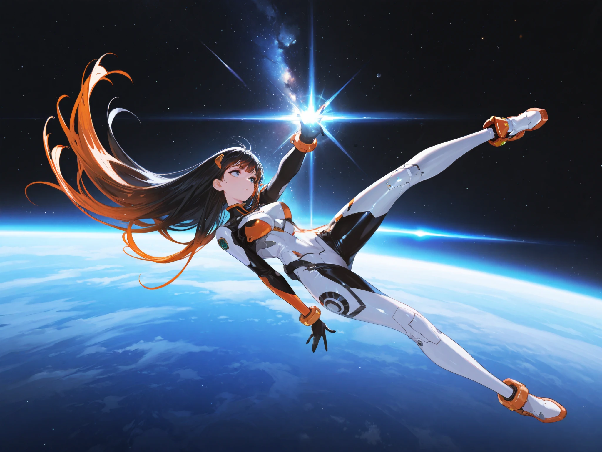( maximum resolution, Very Detailed , Best Quality ,precise, Masterpiece, Solo),1 woman, black hair,Shiny long hair ,Orange hair tip , bangs gradient from black to orange, blue eyes, black-eyed widow ,Look at the stars,Floating in Space ,gundamaerial, ( Full Body Image , is anatomically correct., anime images )