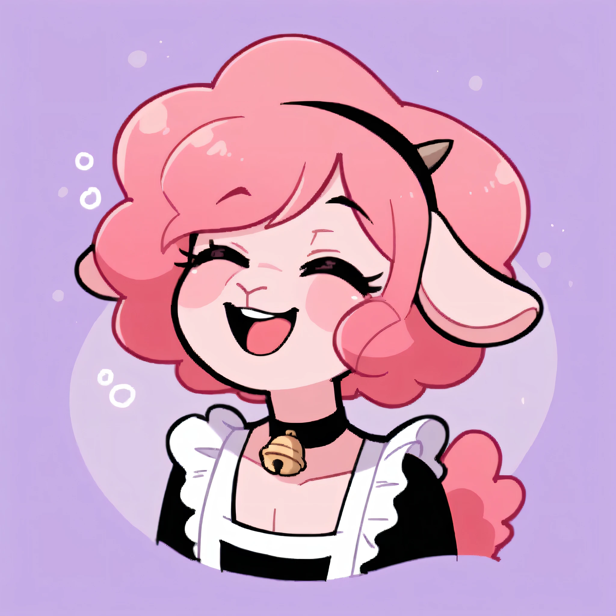 better quality, very detailed illustration ( Anthropomorphic furry sheep:1,7) , femboy, ruffled voluminous bouncy hair , delgado, ideal body, simple drawing, Artifyber style , pastel flat colors , beautiful, cartoon ,solo,baker, short curly pink hair, maid clothes, frilly apron, a smile, fluffy curly tail, sheep ears, bell collar, ram horns, sleepy, sleeping, eyes closed, snore, mouth open