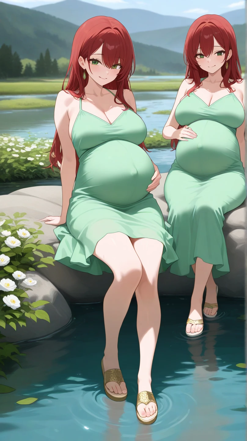 Big white elf tattoo on the little belly,There is a large green lotus tattoo on the chest,The clothes are ultra-thin and ultra-transparent,bathing,Long legs,Barefoot,whaite hair,Long hair,Single horsetail,Face straight ahead,Open crotch clothing,The chest is extra-large,Raised D cups,nakeness,The top cloth strip is bare,Pregnancy in October,Tattoo on the big belly on the other side flower,sit on a bed --auto