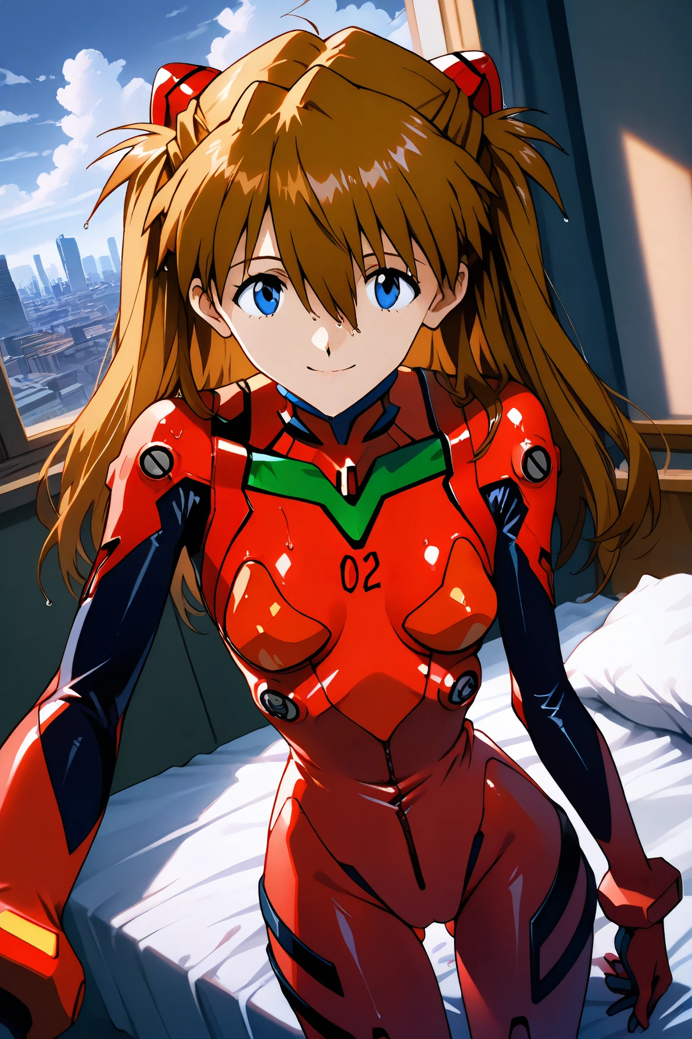 asuka_langley,1 female,solo,looking at the scenery,smile,
I_,wet brown hair,viewer,blue eyes,long hair,hair between the eyes,beautiful eyes,more detailed hair,

red plug suit,red bodysuit,pilot suit,
portrait,background,day,cloudy,city,face_concentration,close-up,

beautiful legs,very thin thighs,thin calves,beautiful face,beautiful skin,
flat breast,nallow waist,butt close-up,Sweaty,incontinence,White Breath,I can see her panties,anatomically correct,
highest quality,masterpiece,high definition,soft lighting,
indoors,on bed,bed room,cowboy shot,dutch angle