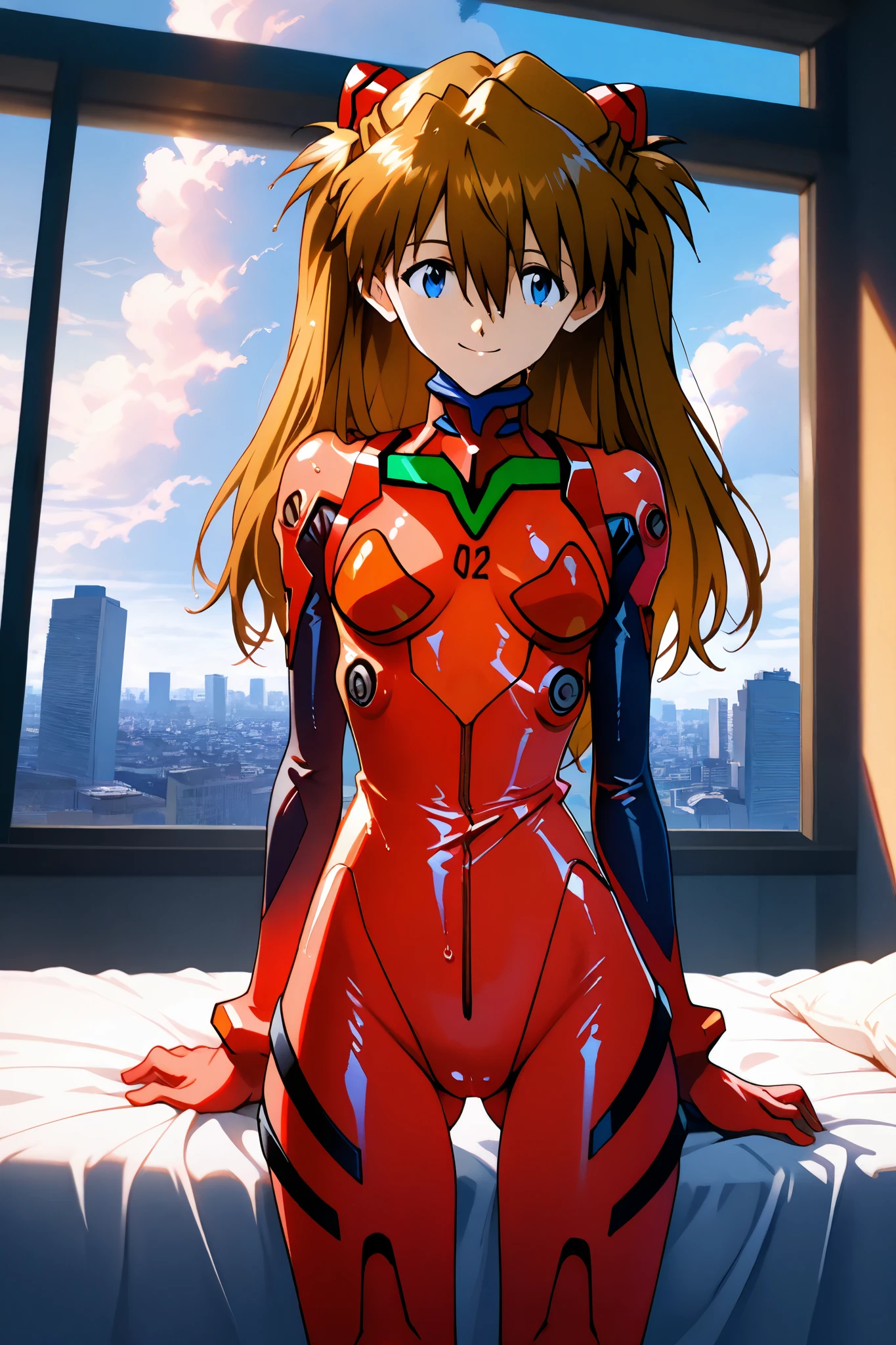 asuka_langley,1 female,solo,looking at the scenery,smile,
I_,wet brown hair,viewer,blue eyes,long hair,hair between the eyes,beautiful eyes,more detailed hair,
red plug suit,red bodysuit,pilot suit,
portrait,background,day,cloudy,city,face_concentration,close-up,
beautiful legs,very thin thighs,thin calves,beautiful face,beautiful skin,
flat breast,nallow waist,butt close-up,Sweaty,incontinence,White Breath,I can see her panties,anatomically correct,
highest quality,masterpiece,high definition,soft lighting,
indoors,on bed,bed room,cowboy shot,dutch angle