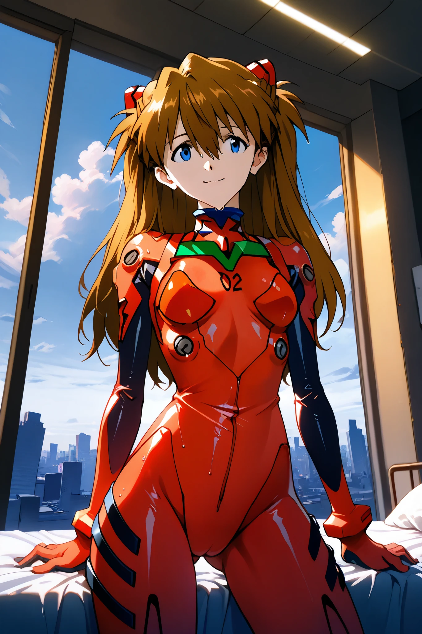 asuka_langley,1 female,solo,looking at the scenery,smile,
I_,wet brown hair,viewer,blue eyes,long hair,hair between the eyes,beautiful eyes,more detailed hair,
red plug suit,red bodysuit,pilot suit,
portrait,background,day,cloudy,city,face_concentration,close-up,
beautiful legs,very thin thighs,thin calves,beautiful face,beautiful skin,
flat breast,nallow waist,butt close-up,Sweaty,incontinence,White Breath,I can see her panties,anatomically correct,
highest quality,masterpiece,high definition,soft lighting,
indoors,on bed,bed room,cowboy shot,dutch angle