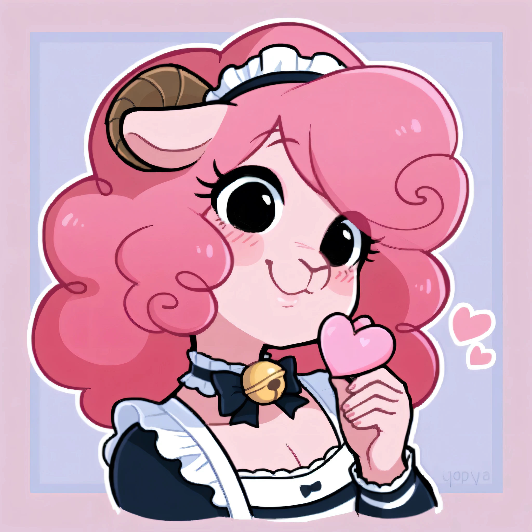 better quality, very detailed illustration ( Anthropomorphic furry sheep:1,7) , femboy, ruffled voluminous bouncy hair , delgado, ideal body, simple drawing, Artifyber style , pastel flat colors , beautiful, cartoon ,solo,baker, short curly pink hair, maid clothes, frilly apron, a smile, fluffy curly tail, sheep ears, bell collar, ram horns, blushing, in love, holding a heart