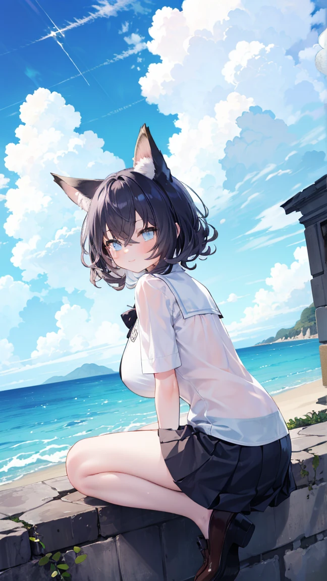 shiroko (blue archive), shiroko (swimsuit) (blue archive), halo, animal ears, 1girl, (one-piece swimsuit:1.3), breasts, animal ear fluff, ocean, hair ornament, cross hair ornament, grey hair, extra ears, (competition swimsuit:1.2), water, outdoors, sunset, looking at viewer, dutch angle, bangs, cloud, horizon, wading, sky, ponytail, partially submerged, multicolored clothes, arm behind head, medium hair, (black one-piece swimsuit:1.2), standing, highres,masterpiece, best quality<lora:XCWabydosBlueArchive_v1:1>