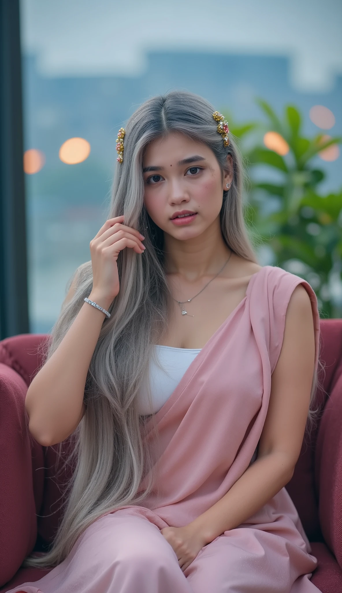 photorealistic,Realistic illustration in Modelshoot style,((masterpiece)),((The best quality)),((Ultra Quality)),((ultra detailed)),((1girl long white hair)),((Only)),((waifu:1.5)),Perfect anatomy,perfect hands,beautiful cuerpo,beautiful_method,ulzzang-6500-v1,e-chica,((Exceptionally Beauty Waifu Princess Tifa Lockhart)),Actual photo、Highest im年 quality、Beautiful woman、Beautiful thighs、Beautiful Face、Uniform Ponytail、Yuriko Yoshitaka、Japanese women、pretty girl、skirt、Beautiful thighs、pumps、Sit on a chair、(front:1.6)、(Open your knees:1.4)、Panty shot、,((bright-pink_eyes)),long wavy hair, ((white hair)),hair clips,eyeliner,cute makeup,lipstick,Glossy lipstick,with a look of terror, worry and sadness,((eyes detallados perfectos)),rainy with fog outside,evening,pink theme,bioluminiscencia,light particles,((Extremely CG Unity 8K Wallpaper)),((cinematic lighting,Best quality lights)),intricate details,Suave,sharp focus,Extremely beautiful and aesthetic,Octane rendering,Full length portrait,damp skin,((Perfect detailed body)),