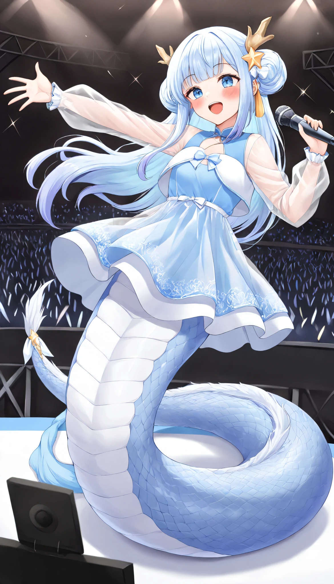 (zPDXL3), ( masterpiece), ( Best Quality),( full five fingers),Dragon Wu , long sleeve,White and blue dress, blue eyes, looking at the audience ,Sing,Handheld Microphone, long hair, blush, long hair, blue hair, open mouth , bangs,Double bun, see-through sleeve ,Hair accessories,Dragon Tail,lamia,Full body picture