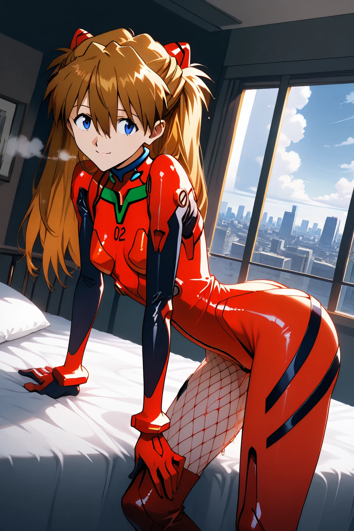 asuka_langley,1 female,solo,looking at the scenery,smile,
I_,wet brown hair,viewer,blue eyes,long hair,hair between the eyes,beautiful eyes,more detailed hair,
red lace up boots,thigh-high boots,high heels,red leather High-Leg bodysuits(1.3),Fishnet tights,
ortrait,background,day,cloudy,city,
face_concentration,close-up,
beautiful legs,very thin thighs,thin calves,beautiful face,beautiful skin,
flat breast,nallow waist,butt close-up,Sweaty,incontinence,White Breath,I can see her panties,anatomically correct,
highest quality,masterpiece,high definition,soft lighting,
indoors,on bed,bed room,cowboy shot,dutch angle