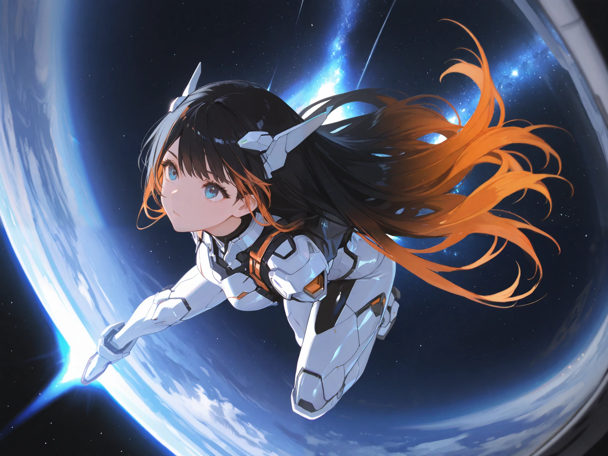 ( maximum resolution, Very Detailed , Best Quality ,precise, Masterpiece, Solo),1 woman, black hair,Shiny long hair ,Orange hair tip , bangs gradient from black to orange, blue eyes, black-eyed widow ,Look at the stars,Floating in Space ,gundamaerial, ( Full Body Image , is anatomically correct., anime images )