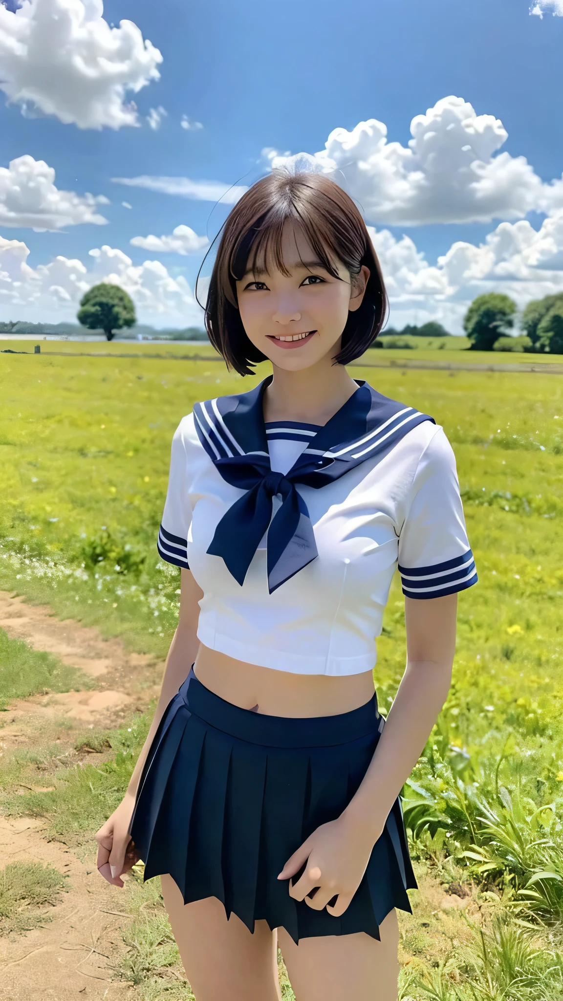 2 girls in rural field,cumulonimbus cloud in summer sky,sailor shirt,navy blue pleated micro mini skirt fluttering up,white panties,18-year-old,bangs,a little smile,thighs,knees,short hair with low pigtails bunches,from below,front light