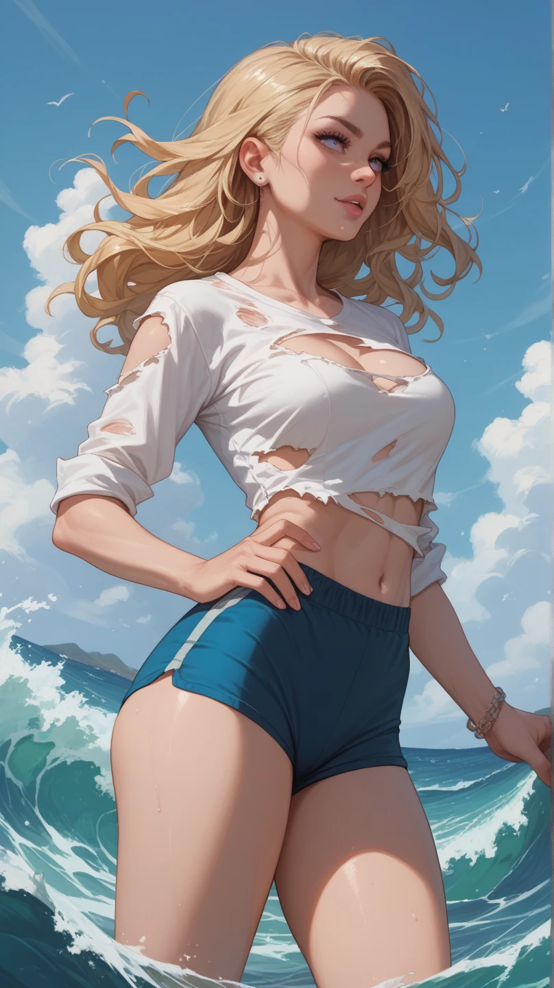 (best quality, masterpiece), 1girl, paw pose, smile, laughing, ocean, bandeau, shorts,undress blonde, freckles, blush, looking at viewer, wavy hair, cloud, splashing, waves, sun, mountain, wet, navel, flat , underboob, 
