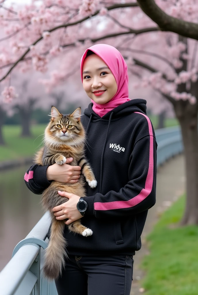 Beautiful Korean Women , smooth white skin, well-groomed face, white hijab .long plasma, baju kemeja putih kotak-kotak black,White shirt, santi logo jumpsuit jeans pants, black, jam tangan black, sitting posing with a slight smile, near the koi pond,in the pond there are many koi fish ,(hugging a large angora cat,) left-right pool, there are colorful orchid flowers,background shows the kitchen of a luxury home, Realistic original photo, 