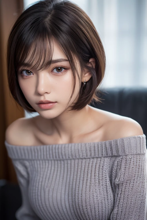 ((highest quality、8k、master piece:1.3))、1 girl、((beautiful and detailed face)), Fine and beautiful skin, intricate details, super detailed、(medium short hair、big breasts:1.2)、cardigan:1.1、detailed face、detailed eye、double eyelid