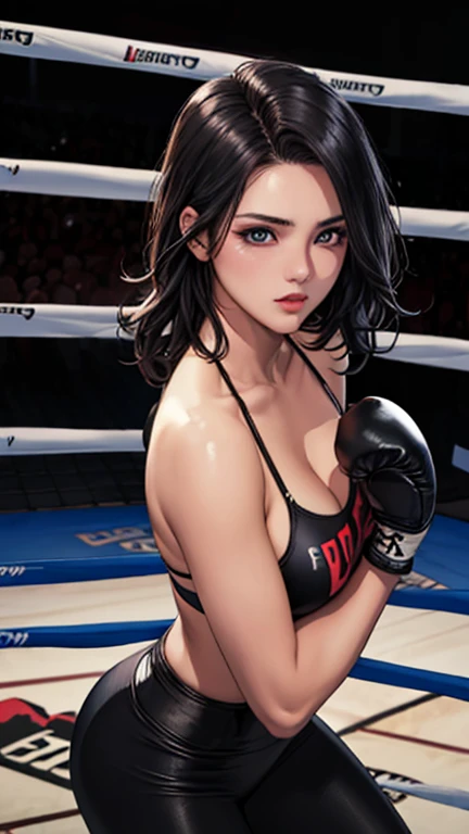 Korean beauty model,detailed picture, Shy expression, blush,Long hair, Wear black transparent sexy lingerie, Wear black garter stockings, Wearing boxing gloves, Standing alone in the boxing ring,Sexy poses riding on the opponent,Large Breasts,Cleavage,Long legs,Thin waist,nipple,Camel toe