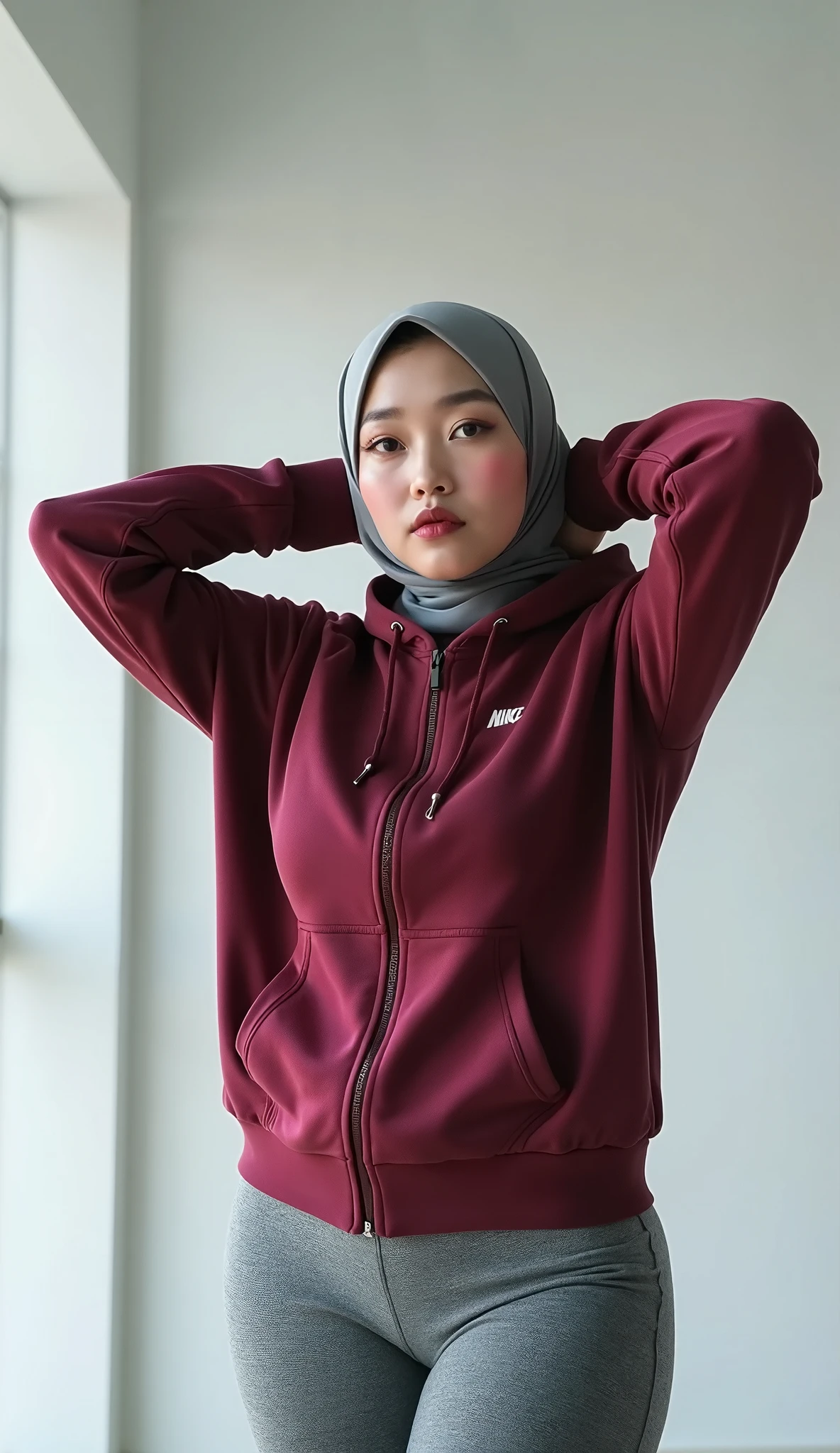 24 year old teenage malay woman with hijab,smiling,wearing jacket,wearing tight pants,office background