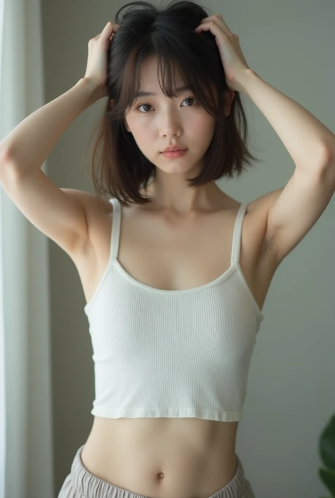 (Realistic:1.3、Ultra HD、Ultra-high resolution、8k、Japanese office lady、At work)、((Look Viewer:1.8))、(Extremely realistic skin texture:1.4)、(Realistic:1.3)、short hair、(Embarrassed look:1.6)、(blonde:1.1)、(40-year-old woman、Mature Woman)、Updo、(Raise both arms to show your armpits:1.6)、(Armpit close-up:1.65)、((Slim figure:1.3))、((Small breasts:1.4))、Shooting from the side、