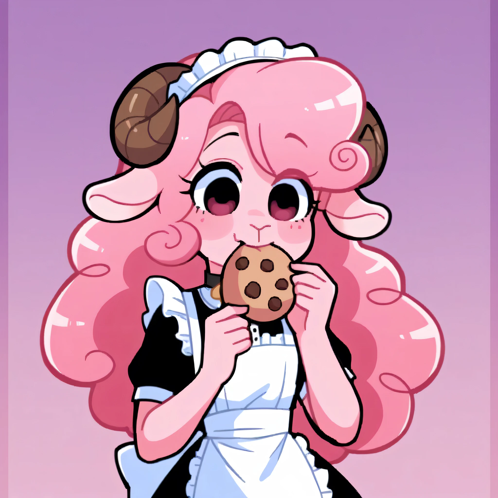 better quality, very detailed illustration ( Anthropomorphic furry sheep:1,7) , femboy, ruffled voluminous bouncy hair , delgado, ideal body, simple drawing, Artifyber style , pastel flat colors , beautiful, cartoon ,solo,baker, short curly pink hair, maid clothes, frilly apron, a smile, fluffy curly tail, sheep ears, bell collar, ram horns, eating cookie, front view