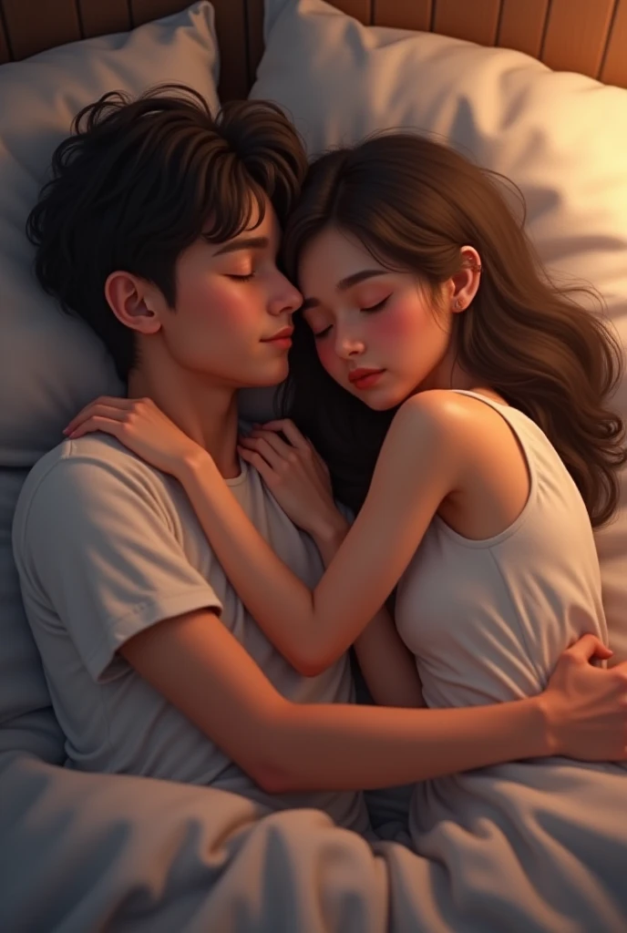 high quality, one girl one boy, they lying in bed, full body, the girl weaing micro white lingeri, the boy behind her and touch her body
