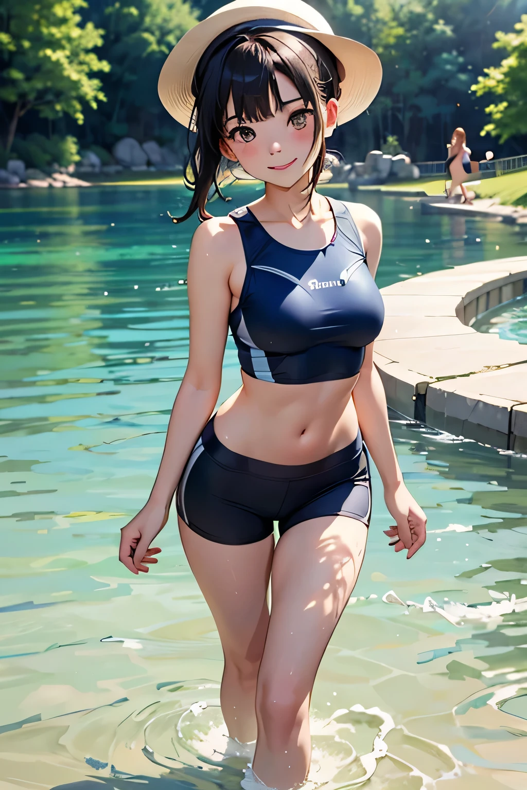 best quality、 high resolution、( high definition:1.2)、masterpiece、 detailed background、( Beautiful Faces in Every Detail:1.2)、 detailed face、 detailed expressions 、 detailed eyes、 anatomically correct、age beauty、( big size:1.2)、 perfect body line、 brightly colored hair color 、 ponytail、 Braided Bob Cut 、 twin tails、Innocent Joy、A sense of freedom in nature、A cool day of swimming in the river、 A beautiful sight, like a scene from a movie、
(Girls enjoying swimming in the cool river:1.5)、
Under the blazing summer sun、We can hear the babbling of the river、Everyone runs off、
Walking along the riverside path、Soon we arrive at the water's edge、Playing in the water under speech bubbles、ren's voices echoing、Take off your shoes, dip your feet in the water, and smile at how good it feels、Time passes comfortably as you touch the cool water、浮き輪に乗って流れを感じ大はしゃぎする姿が is cute 、
Fun memories are made in the pleasant breeze and nature、Smiles on everyone's faces、A day of swimming in the river that satisfies both body and mind、
a tank top or mesh t-shirt with a sense of transparency over a sports bra、 shorts or leggings made of swimsuit material 、 pop-colored water shoes 、 with a waterproof pouch diagonally as if it were an accessory 、For sun protection, wear a hat or cap 、 is cute