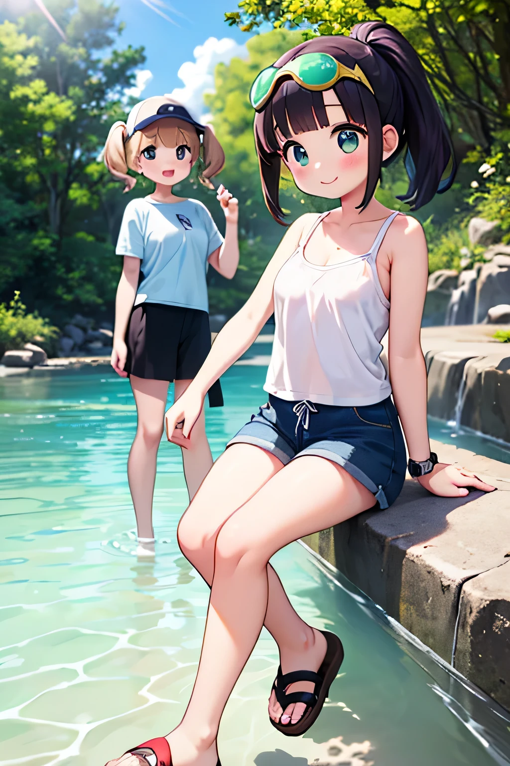(2 girls in:1.5),(The two of them sit vulgarly.:1.3),(Micro bikini with very small fabric area:1.5), Happy smile, Blue eyes, masutepiece, Best Quality, Detailed, Lori, Two junior high school students,(2 girls in:1.8),( Wet with sweat:1.2), (Wet and see-through white micro bikini(can see through,teats see through:1.4),(Numbered:1.4)),(Wet and transparent black micro bikini):1.4),Lori, (Very small:1.7),(Big:1.3)(Girl with wavy hair in a bob cut:1.4),(girl with short cut glasses:1.4),(we are a team:1.6), (小柄:1.4),(Wet and transparent white low-rise racing bloomers(Contains many sponsor logos:1.5),(Sticks to the crotch:1.2):1.6)、(Mansuji muscle:1.4),(Looks beautiful:1.3)、(Pubic hair sticking out a little:1.6),(Athletics stadium during the competition:1.5),(No Underwear:1.4) ,(Small nipples show through:1.2),(matching track shoes:1.2),(Her beautiful little pussy is clearly visible:1.4),(I can see the shaved hair:1.4),(I can see pubic hair growing:1.3),(Both of them spread their legs wide:1.5),(I can see her salmon pink pussy :1.4),japanse, small brest, Vulgar