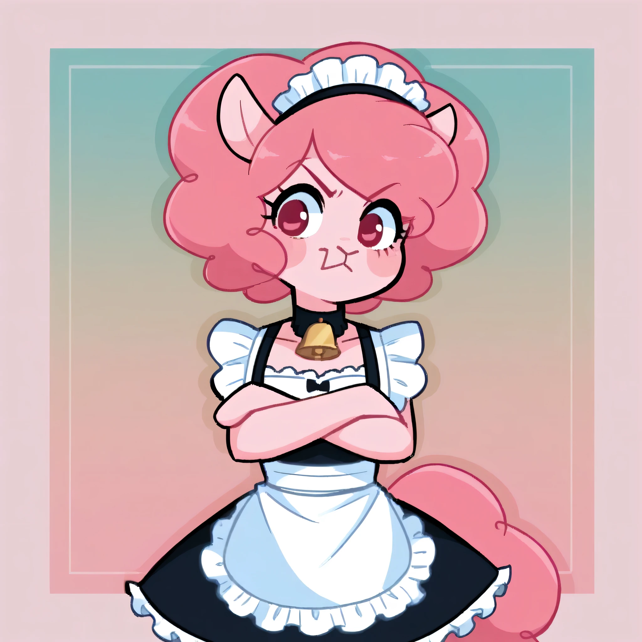 better quality, very detailed illustration ( Anthropomorphic furry sheep:1,7) , femboy, ruffled voluminous bouncy hair , delgado, ideal body, simple drawing, Artifyber style , pastel flat colors , beautiful, cartoon ,solo,baker, short curly pink hair, maid clothes, frilly apron, a smile, fluffy curly tail, sheep ears, bell collar, ram horns, arms crossed, angry frown