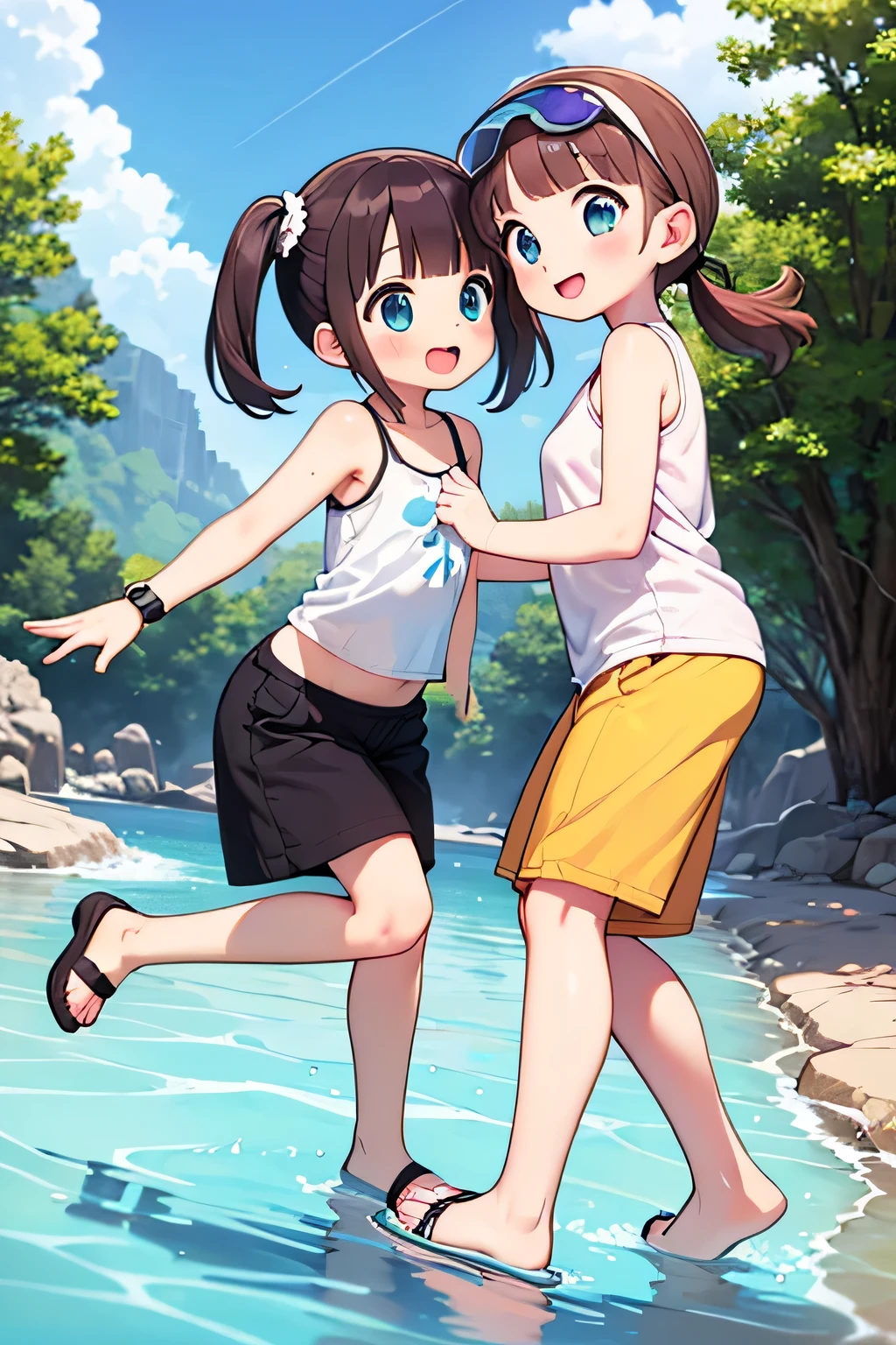 (masterpiece), best quality, (16k), expressive eyes, perfect face, lady, 3 girls, large breast, navel, (((topless))), (((wet cobalt blue solid pencil mini skirt))), bare arms, bare legs, shiny skin, wet body, outdoors, in the waterfalls, wading, brown hair, wet hair, Lower ponytail, closed eyes, :), standing, (upper body), ((from behind)),